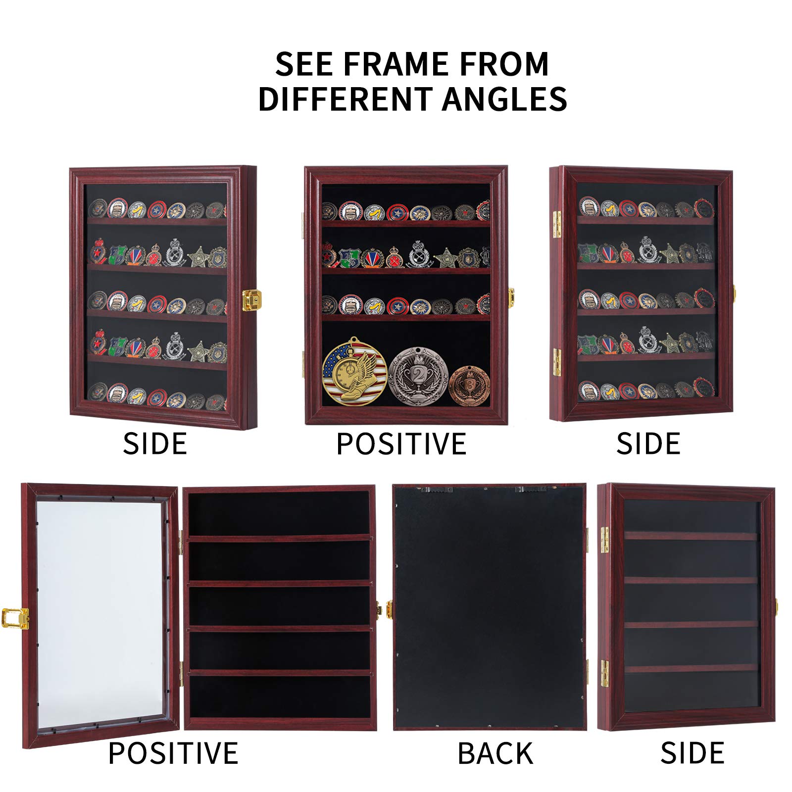 Jinchuan Military Challenge Coin Display Case Lockable Cabinet Rack Holder Shadow Box with Removable 2 Grooves Shelves and Anti Dust Door for Casino