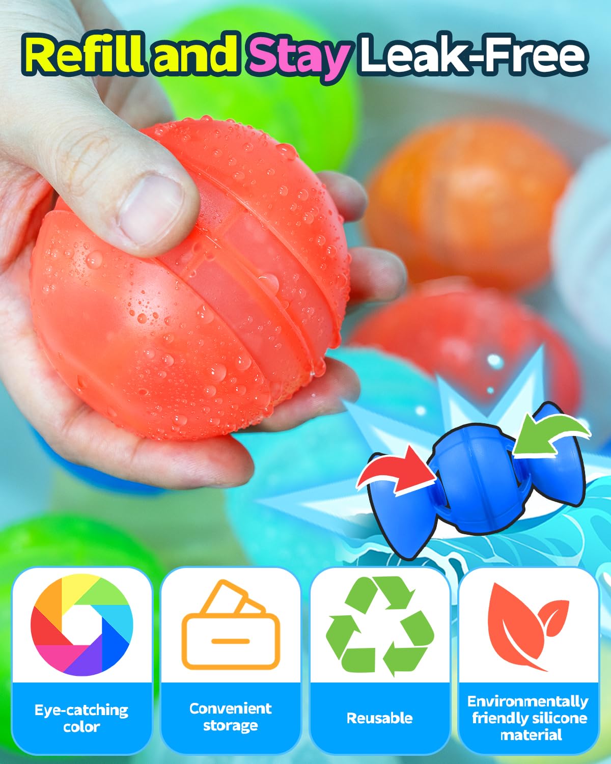 Reusable Water Balloons 21 Pack Unique Double Water Inlet Silicone Water Bomb Pool Toys Non-Magnetic Quick Fill Self Sealing Water Splash Balls Games