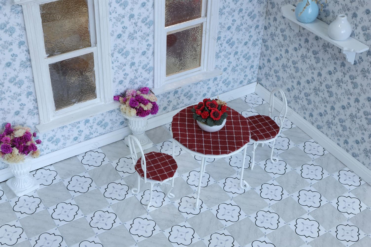 iLAND Double-Sided Dollhouse Flooring Tiles 115PCS for 1/12 Scale and 1/6 Scale Accessories, Reversible French Floral & Marble Tiles, Miniature