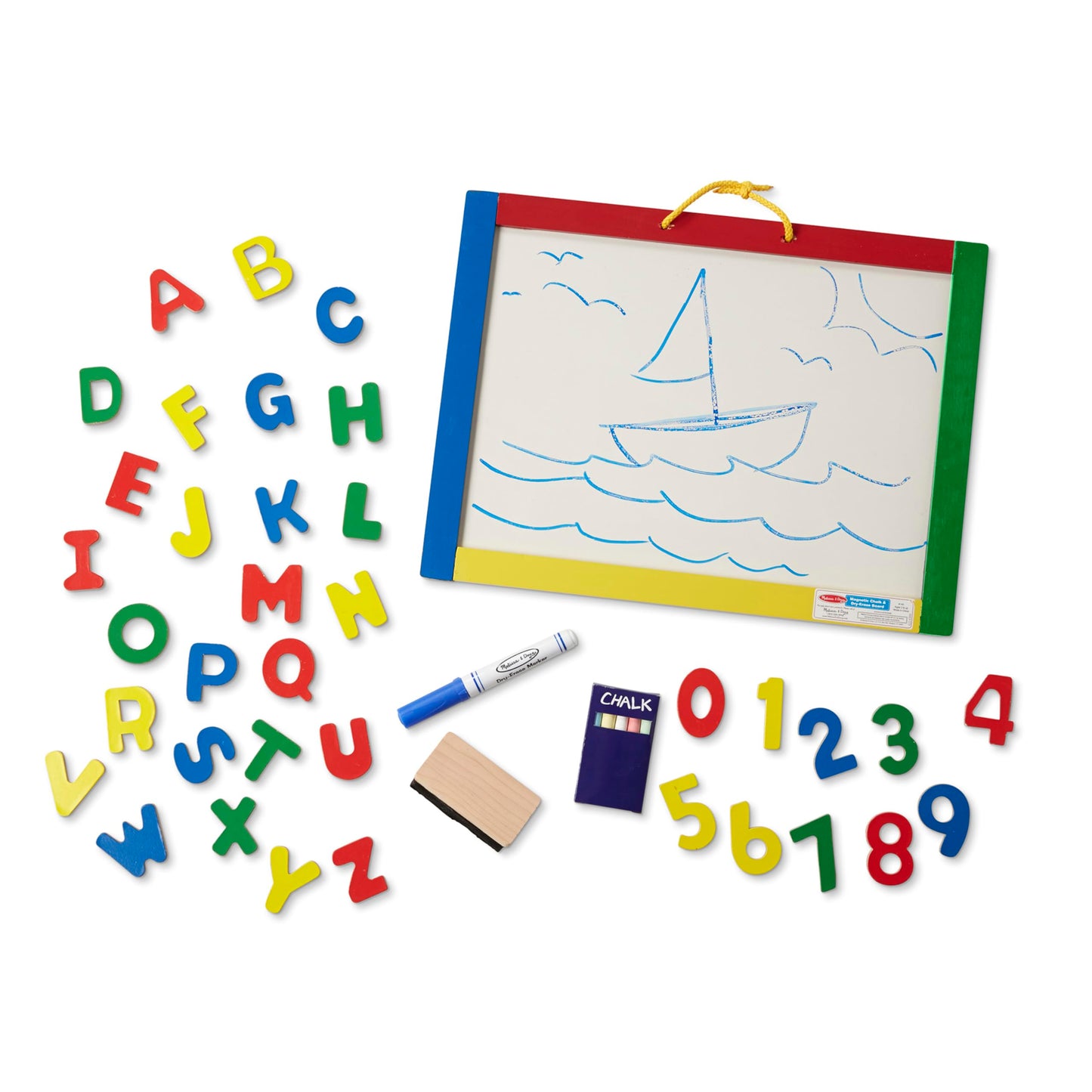 Melissa & Doug Magnetic Chalkboard and Dry-Erase Board with 36 Magnets (Numbers and Uppercase Letters), Chalk, Eraser, and Dry-Erase Pen