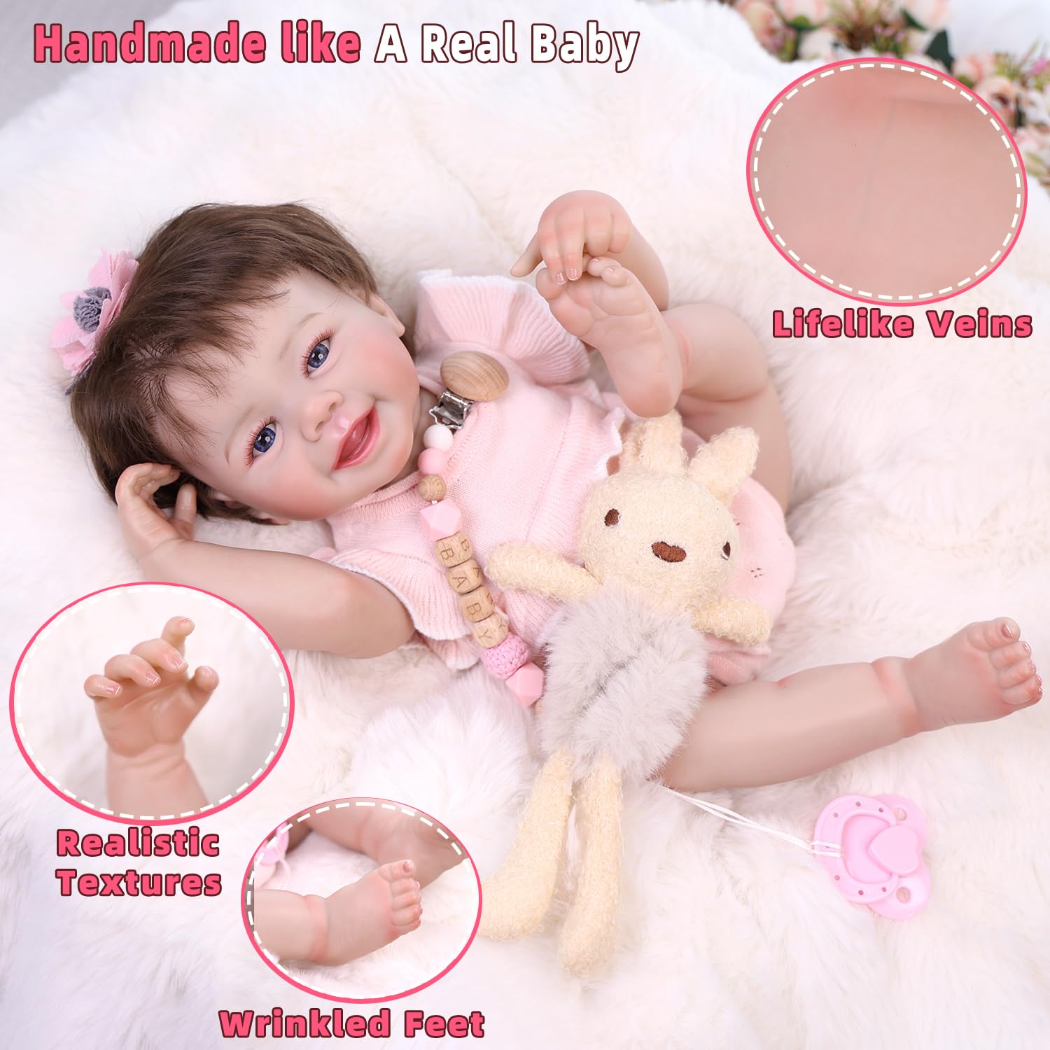 Tookyhill 18 Inch Realistic Reborn Baby Dolls Girl, Full Vinyl Weighted Body Toddler Doll, Lifelike Newborn Doll with Outfit, Headband & Pacifier