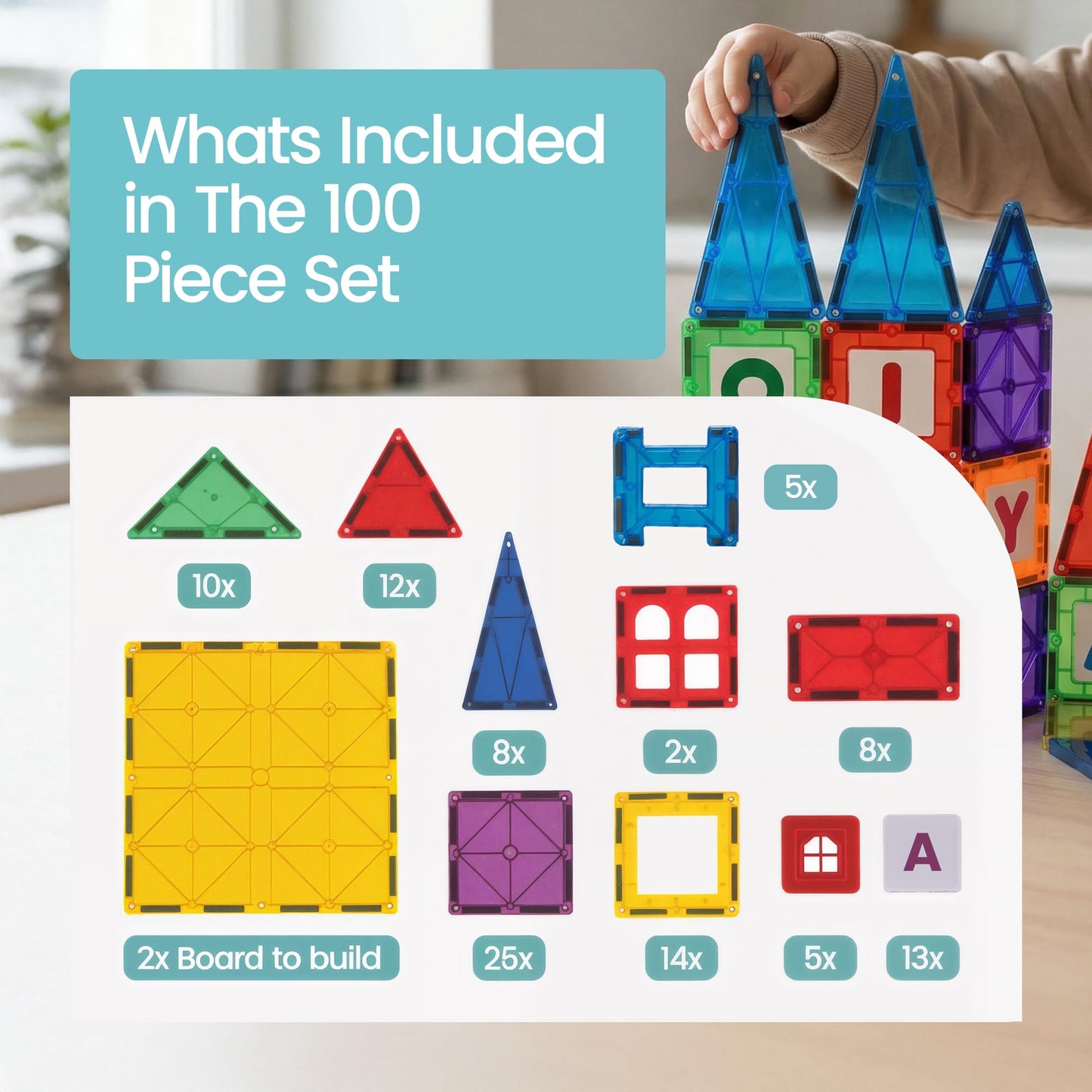 Playmags Magnetic Tiles for Kids 100-Piece Set, STEM Educational Building Blocks Toys for Kids, Includes Click-in ABC Learning Tiles, Gift for Boys &