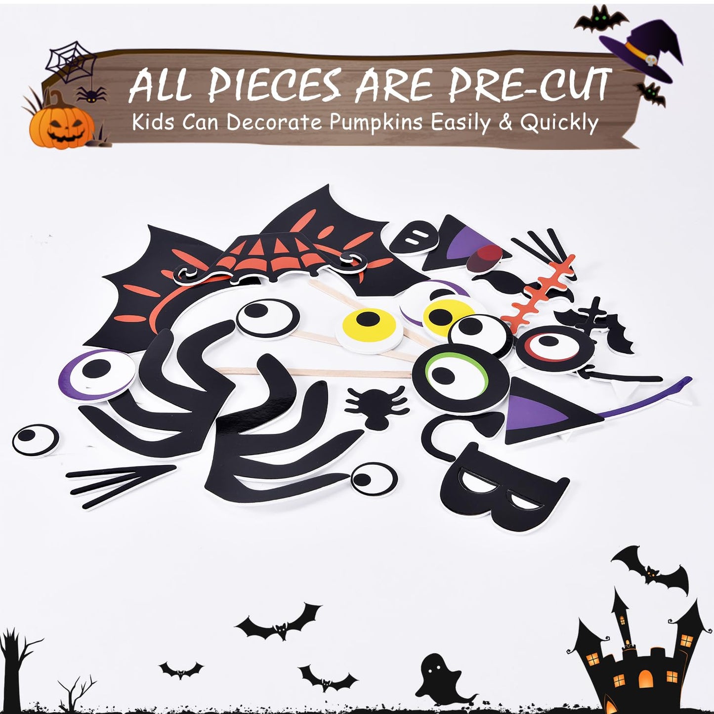 16 Packs Foam Pumpkin Decorating Kit - Pumpkin Foam Stickers for Decorating - 4 Style Holiday Decor Kits for Kids Cat, Bat, Spider Craft Stickers
