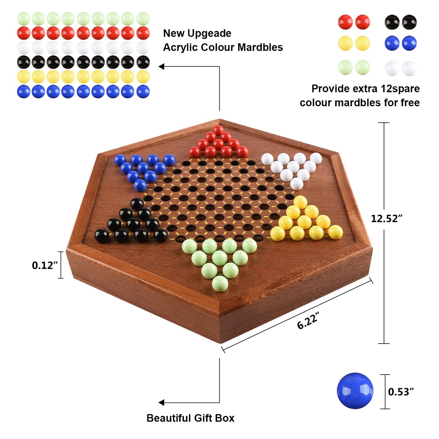 Wooden Chinese Checkers with Drawers 12 Bonus Spare Marbles| Natural Wooden Board Game| Includes 60 Colorful Acrylic Marbles | Family Board Game