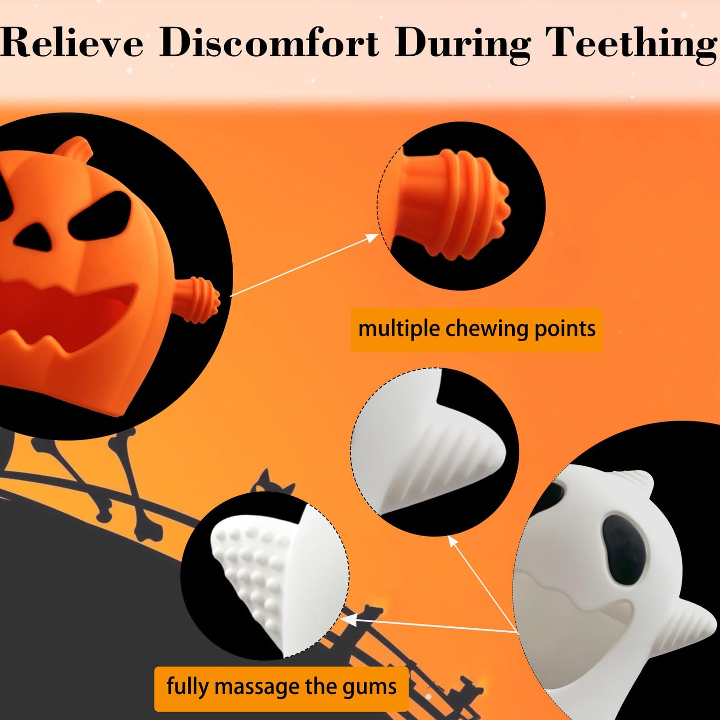 2 Pack Halloween Baby Teething Toy Halloween teethers for Baby, Cute Cartoon Baby Teether for Babies Wrist Hand Silicone Soft Soothe Teethers Baby
