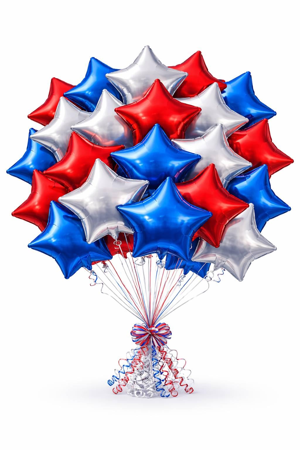 Dream Decor Patriotic Star Balloons 30 Pack - 18 Inch Red, White & Blue Foil Star Balloons with Ribbon Rolls - 4th of July, Memorial Day, Veterans