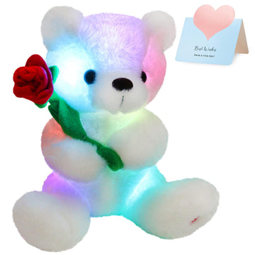 Houwsbaby Glow Teddy Bear with Rose White Bear Stuffed Animal Soft Light Up Plush Toy LED Night Lights Birthday Christmas for Kids Toddler