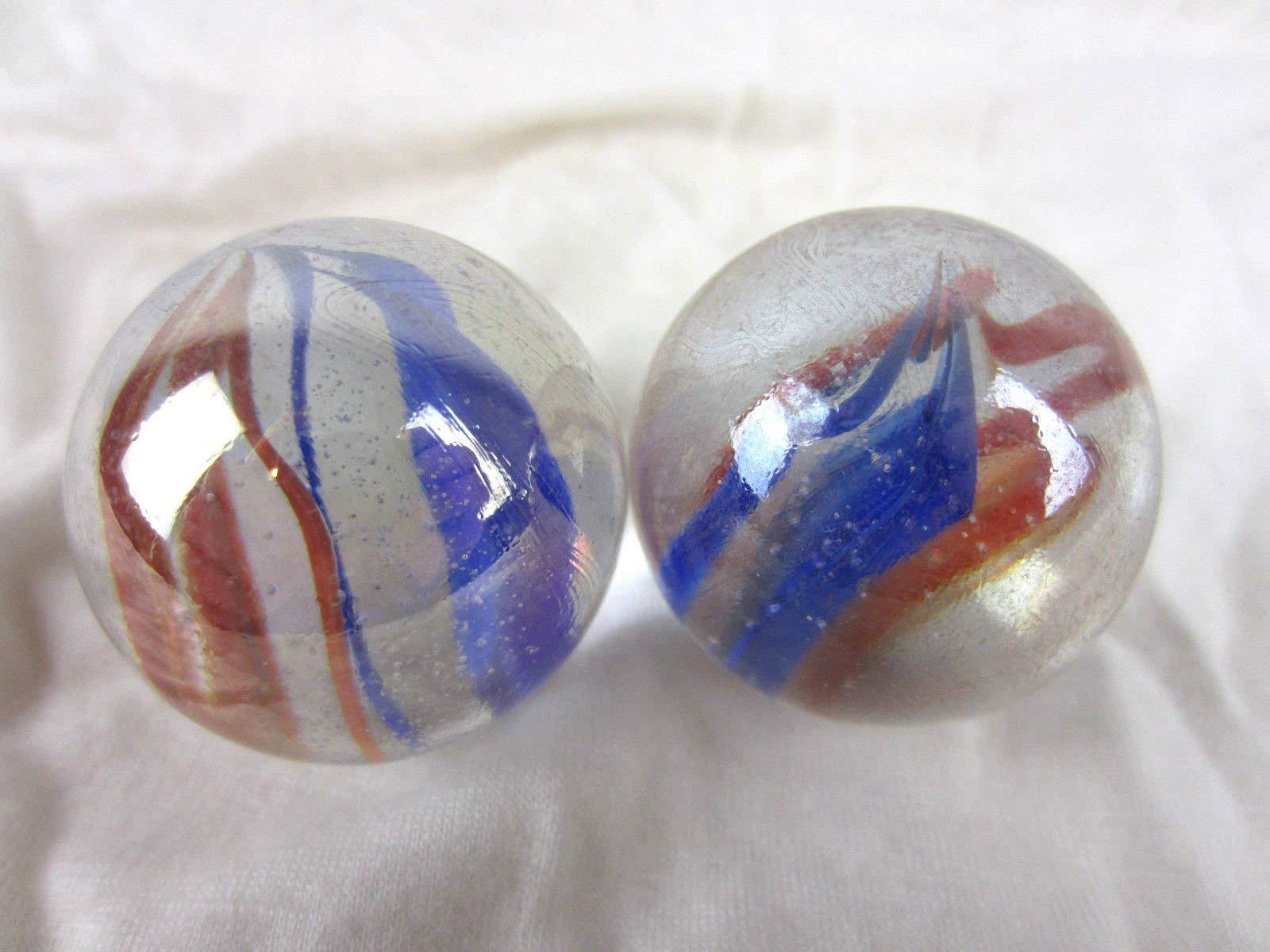 Big Game Toys Set of 2 Fun FAIR 35mm Boulder Iridescent Clear/Red/Blue Swirl Large Shooter Solid Glass Marbles