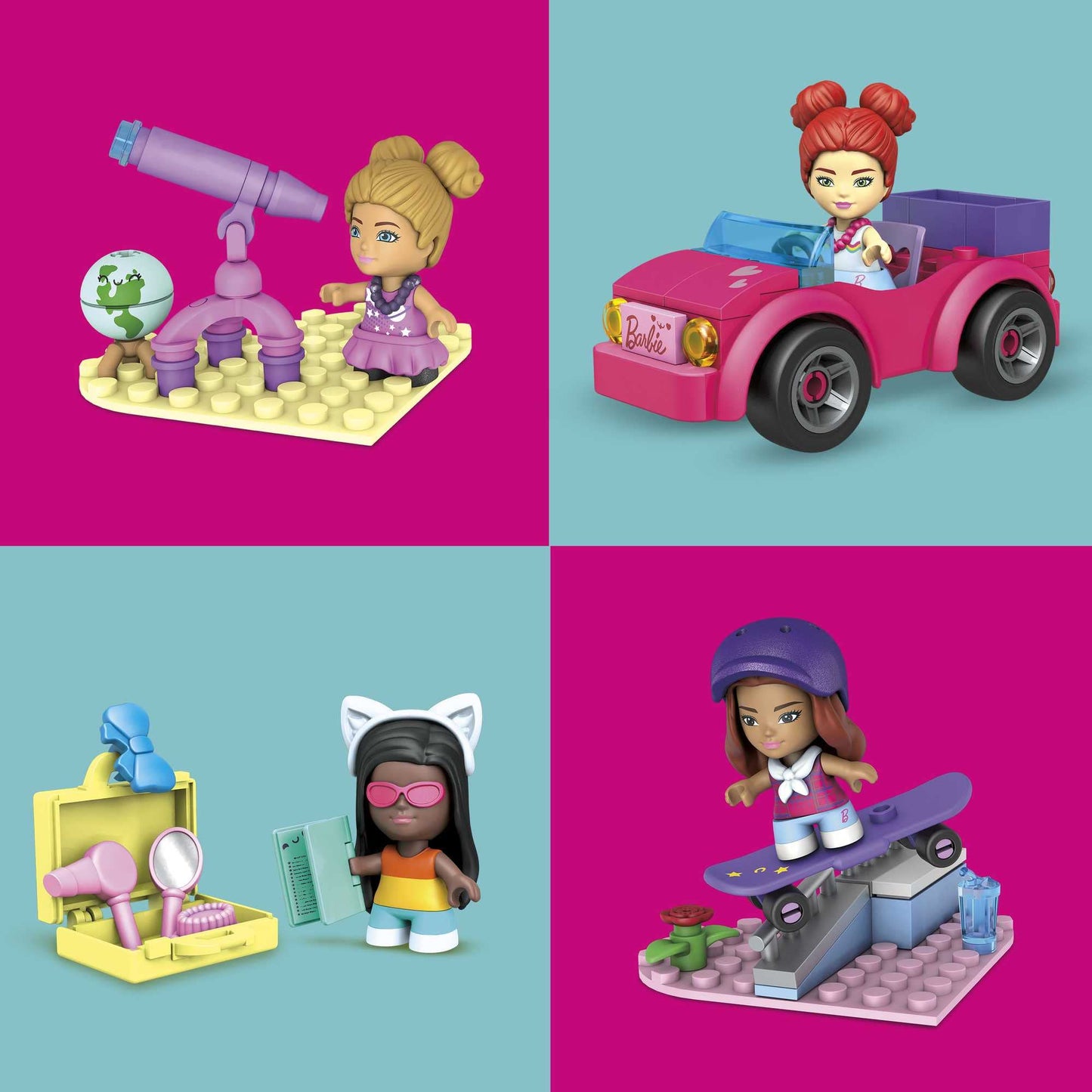 Mega Barbie Malibu Building Sets Bundle, 440 Bricks and Pieces with Fashion and Roleplay Accessories, 7 Micro-Dolls, 1 Puppy, 2 Birds and 2 Turtles