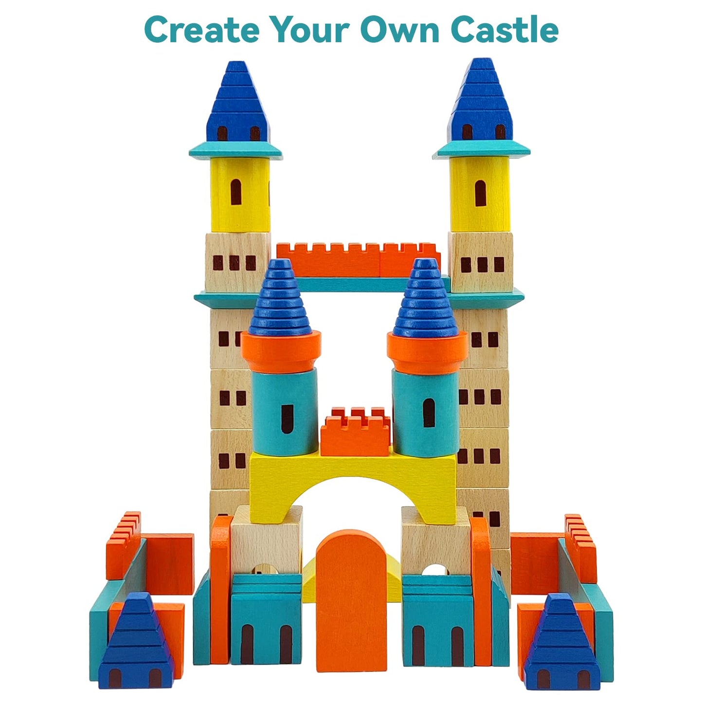 Xylolin Wooden Castle Building Blocks Set, Big Solid Beech Wood Toddlers Stacking Block Toy, Kids Construction Playset for Boys Girls 69 Pieces Set