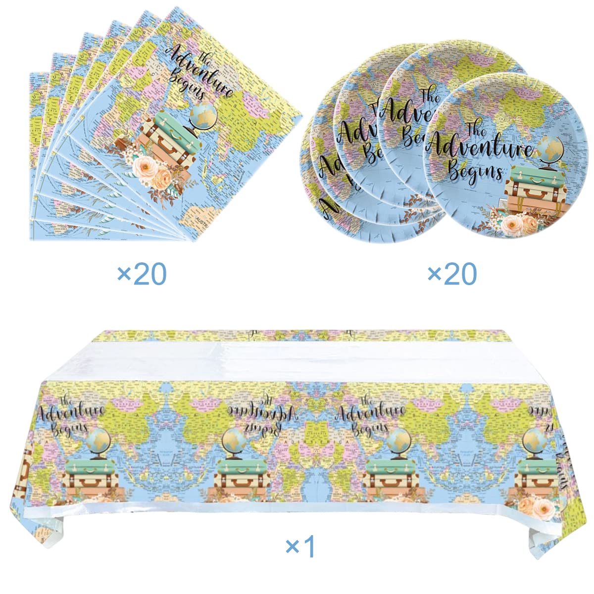 Adventure World Awaits Map Party Tableware,20 Plates and 20 Napkins and Tablecloth71 '' x 42 ''Travel Retirement Adventure World Party Decorate