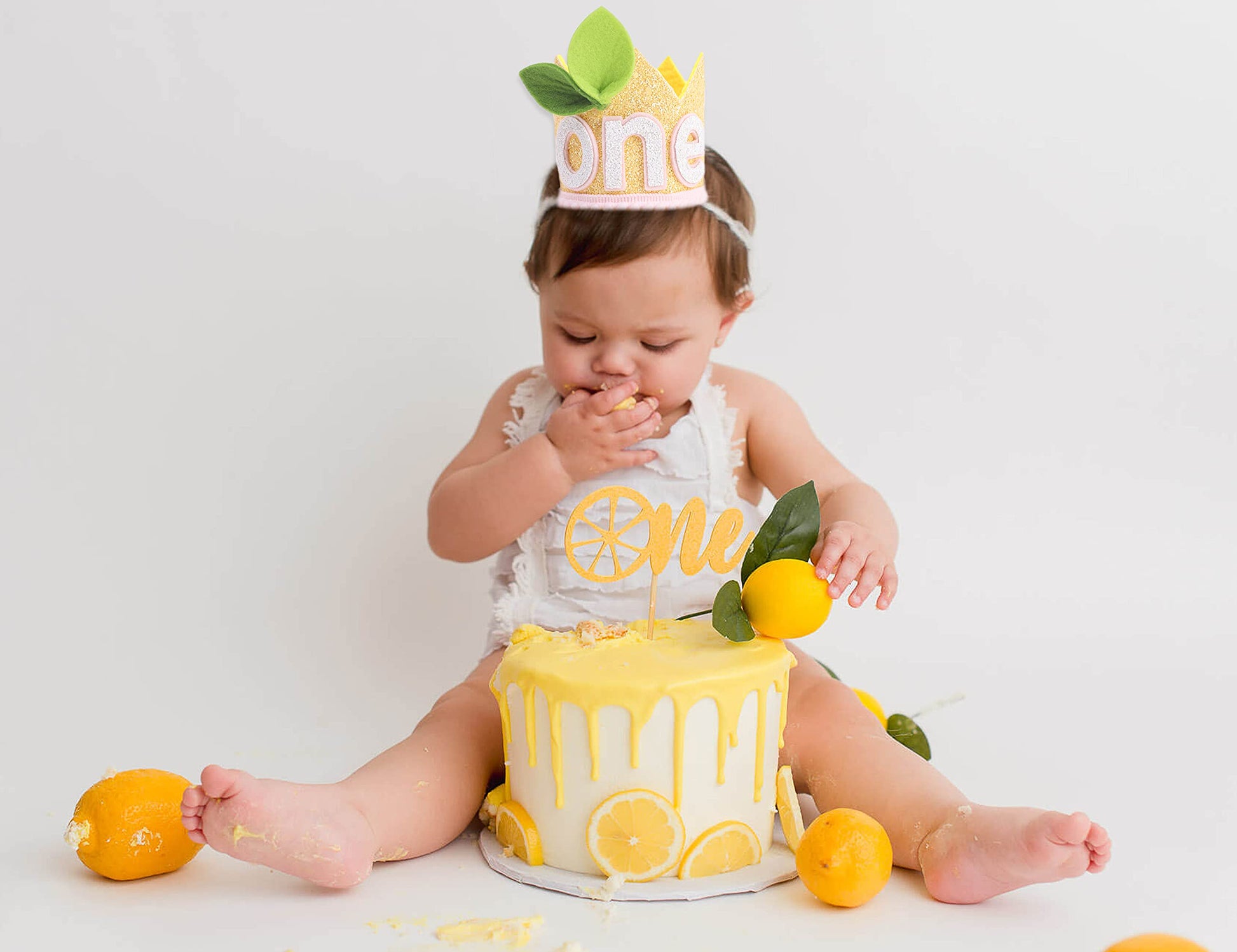 LINLULU Lemon 1st Birthday Crown - Lemon Birthday Decorations, Light Pink And Lemon Yellow Birthday Hat, Birthday Tiara, Cake Smash Props