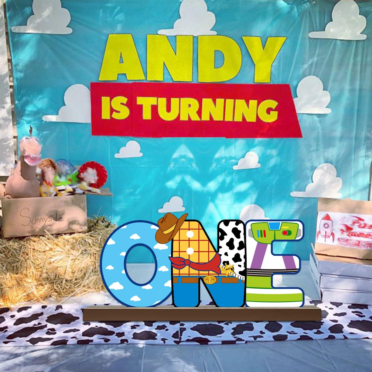 Cartoon Story One Letter Sign Wooden Table Centerpiece, Toy Inspired Themed Cowboy 1st Birthday Party Decoration, Toy Theme Party Supplies Baby Shower