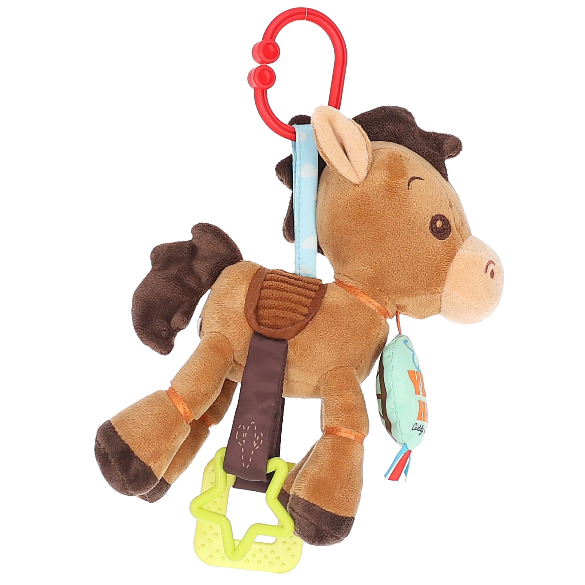 Disney Toy Story Bullseye Activity Toy - Plush Baby Sensory Toy with Teethers, Rattle, Crinkle Textures and On the Go Clip for Infants and Toddlers