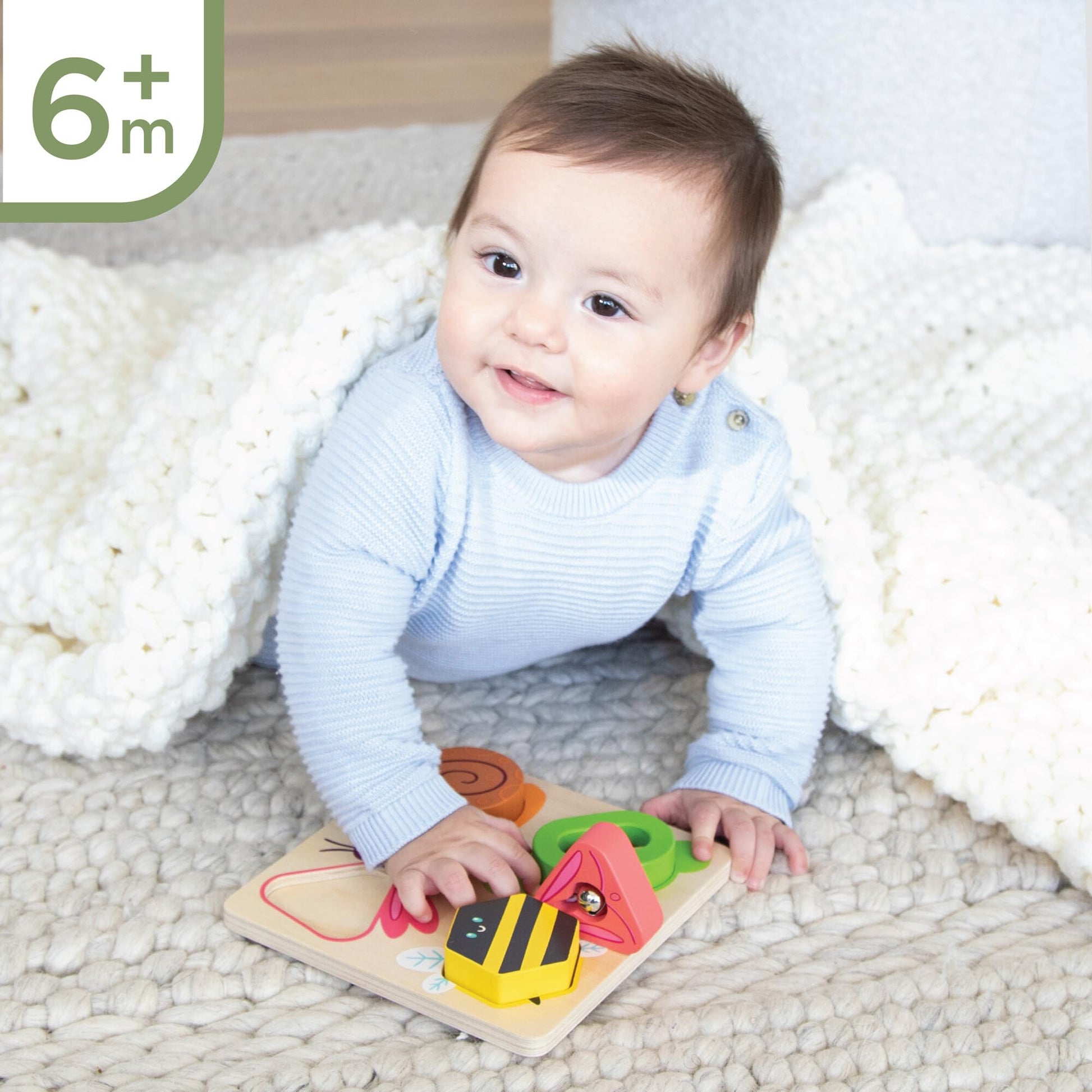 MindWare Sensory Sprouts Surprise Puzzle - Wooden Baby Puzzle with Mirror, Bells & Beads - Educational Toy for Infants & Toddlers 6+ Months Montessori