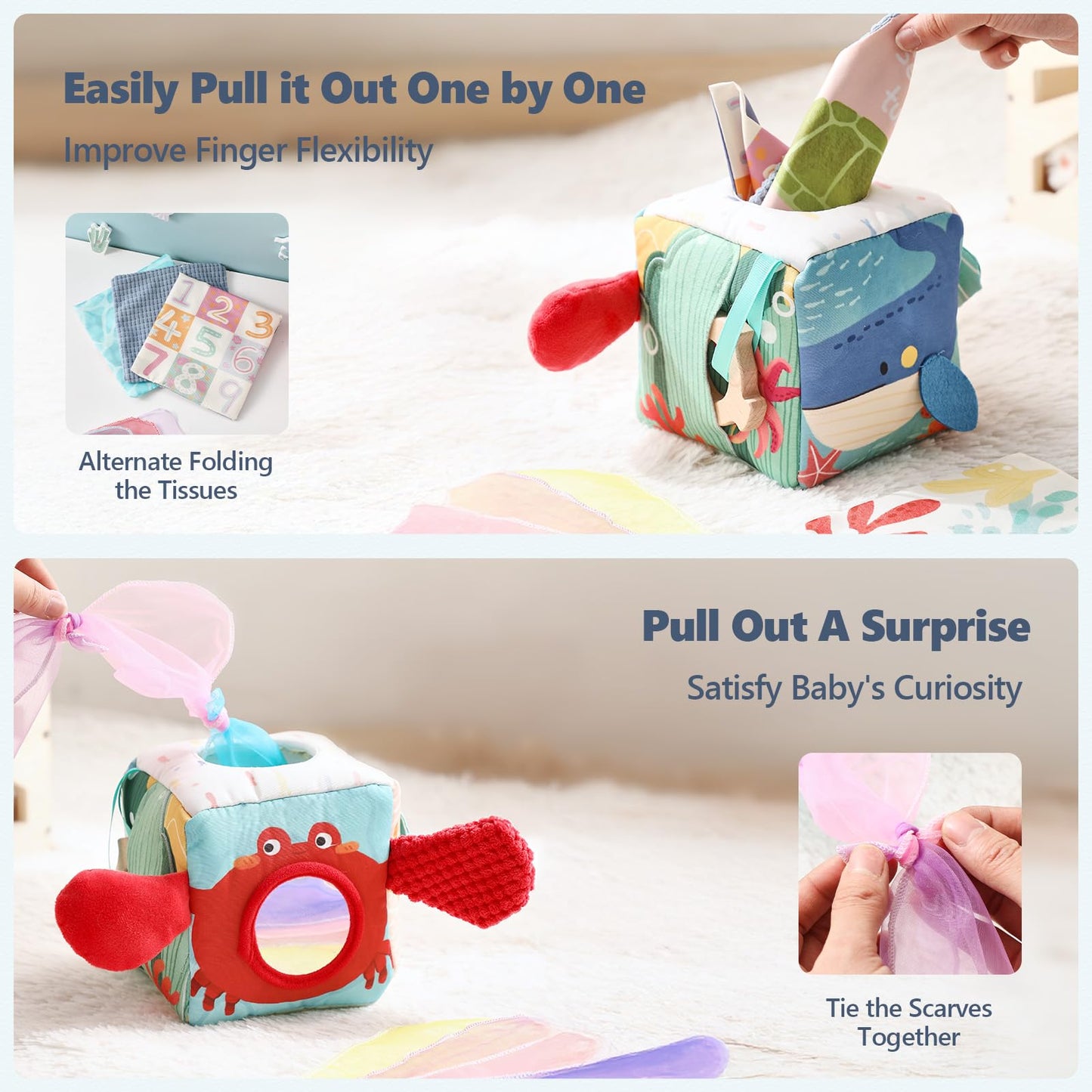 Soft Fabric Tissue Box Toy for 6-12 Months Baby - Sensory Development Toy for Tummy Time, Crinkle Paper & Safety Mirror (Infant Sensory Toy)