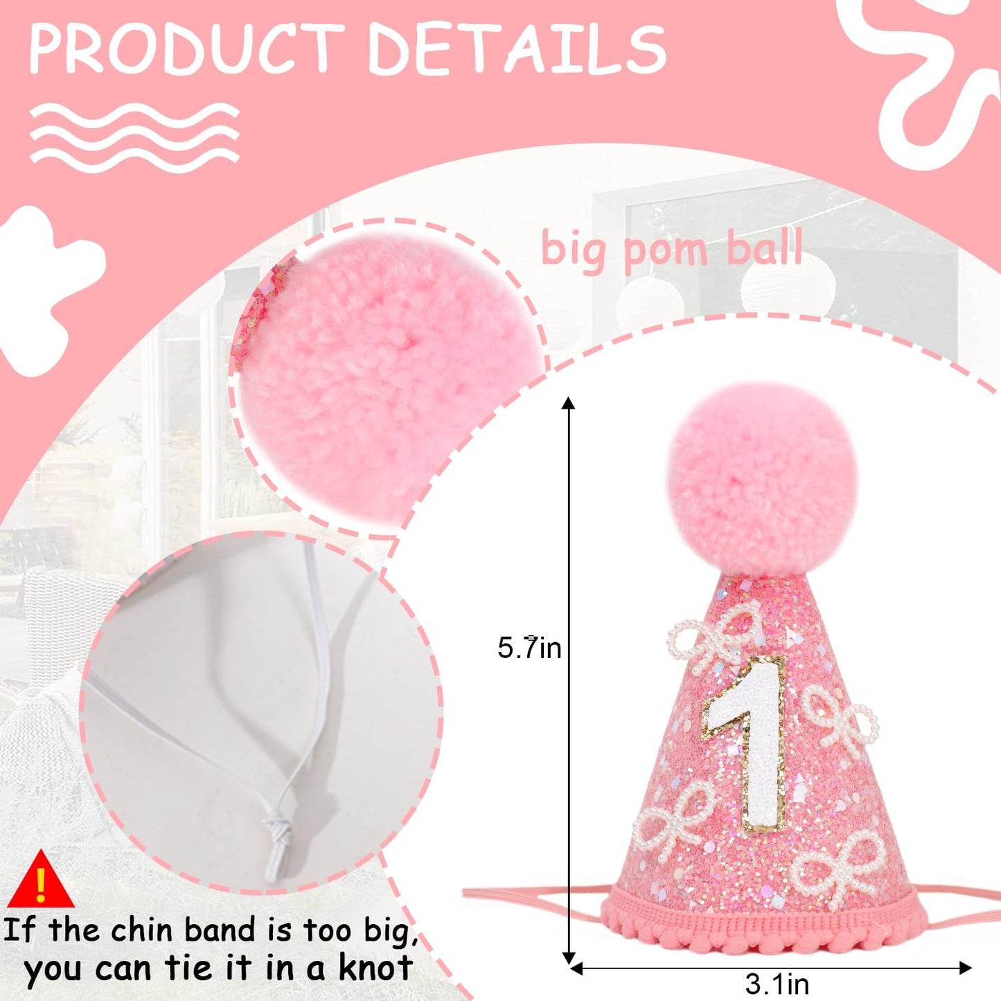 MAMUXI Pearl Bow Pink 1st Birthday Hat - Sweet One Birthday Party Decorations, Bling Bling Pink Hat Photo Props, Little Princess First Party