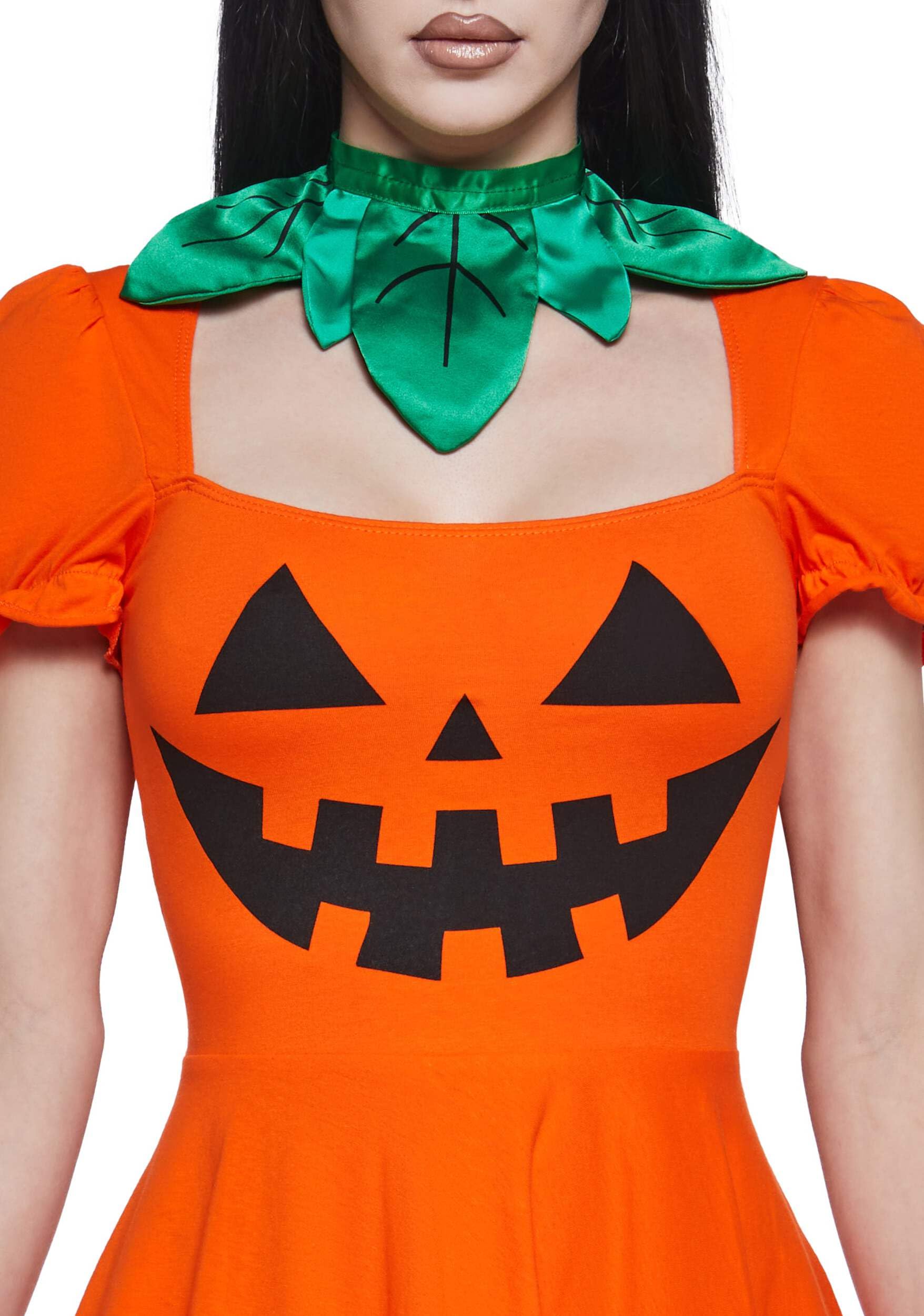 Dolls Kill Pumpkin Dress by Trickz N’ Treatz - Women’s Orange Jack-O’-Lantern Mini Dress with Puff Sleeves & Leaf Collar, Orange, X-Small