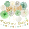 Sage-Green Champagne-Beige Baby Shower Party-Decorations - 21pcs Girls Boy Welcome Baby Banner,Paper Lanterns Pom Poms,Safari Woodland Boho Neutral