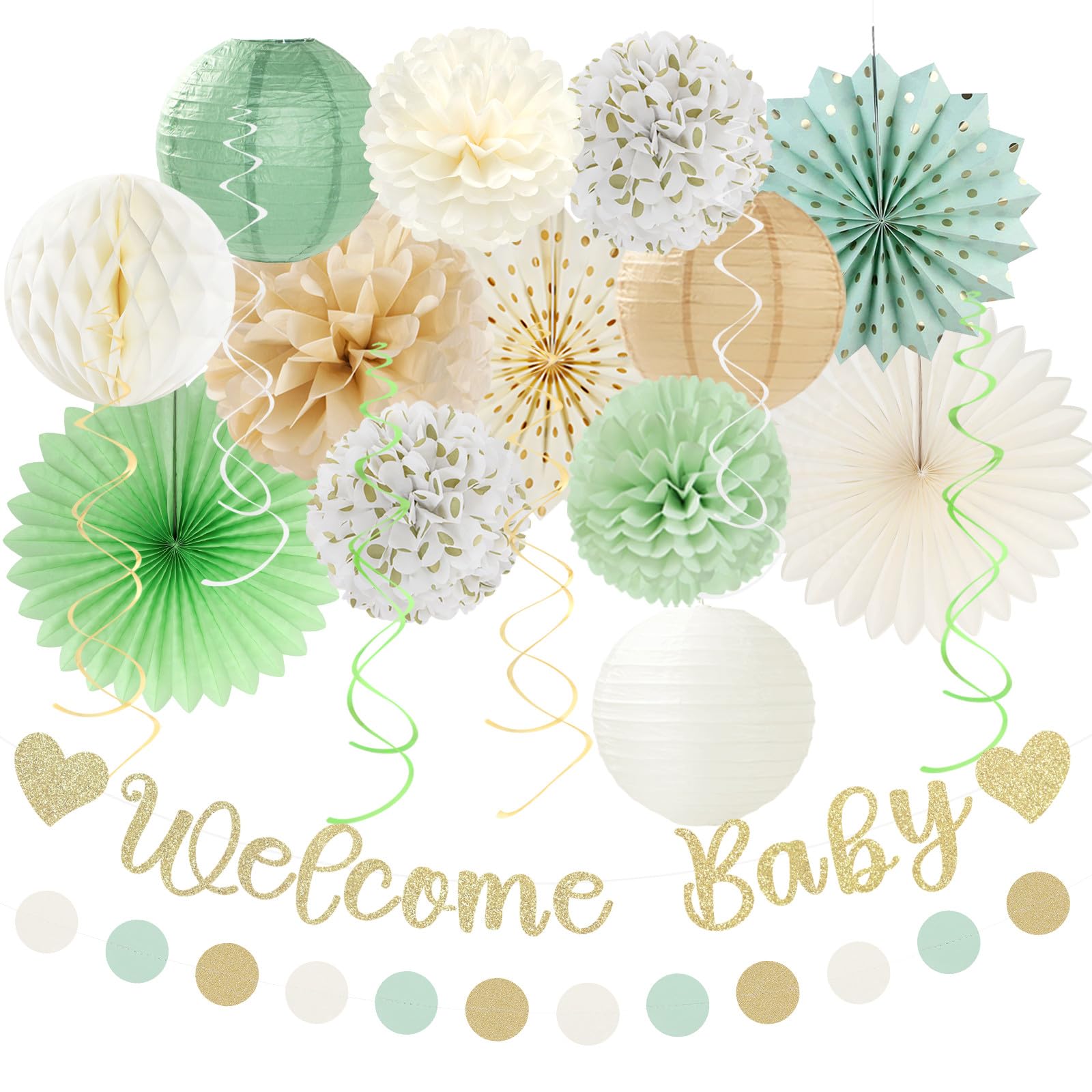 Sage-Green Champagne-Beige Baby Shower Party-Decorations - 21pcs Girls Boy Welcome Baby Banner,Paper Lanterns Pom Poms,Safari Woodland Boho Neutral