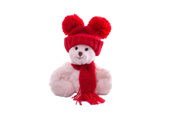 DILLY DUDU with Knit Hat and Scarf Teddy Bear Stuffed Animal Plush Holiday Bear, White, 6inch