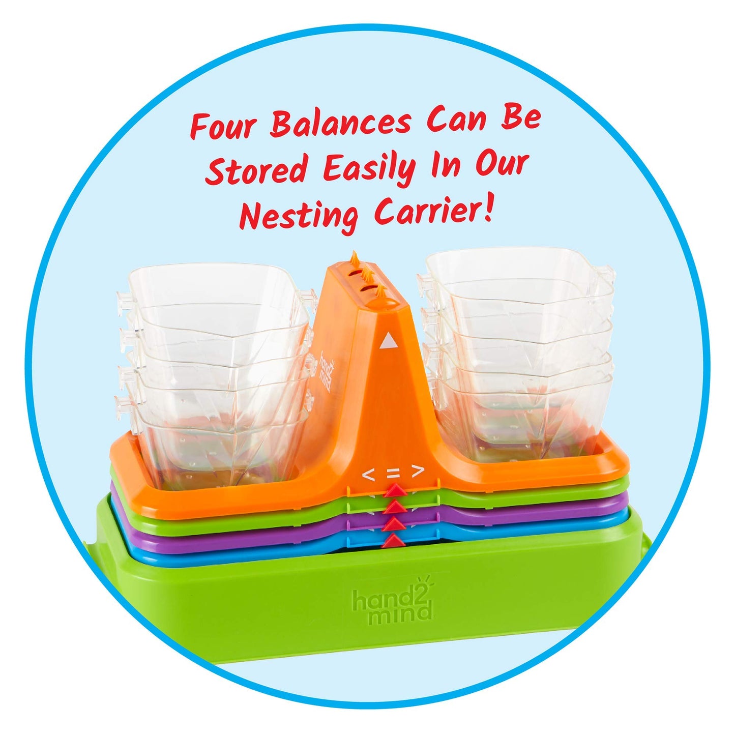 hand2mind Colorful Nestable Bucket Balance, Clear Double Bucket Balance Scale for Liquids and Solids, Easy to Assemble Kids Scale, Space Saving
