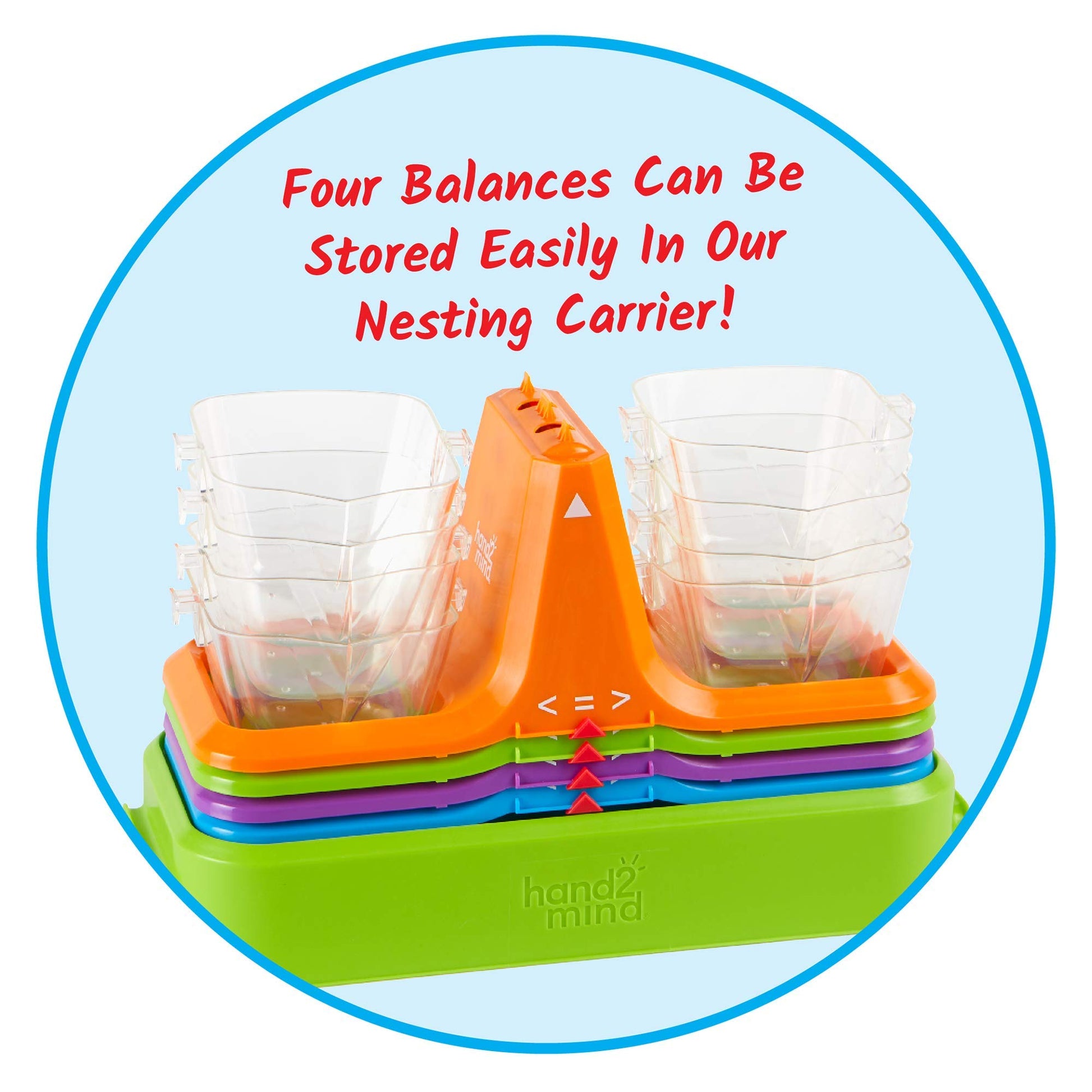 hand2mind Colorful Nestable Bucket Balance, Clear Double Bucket Balance Scale for Liquids and Solids, Easy to Assemble Kids Scale, Space Saving