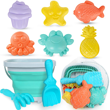 GKDOMS Kids Beach Toys Set with Collapsible Bucket, Sand Molds, Sand Rake and Shovel, Travel Sand Toys Sandplayset for Ages 2-6 (Single Multi)