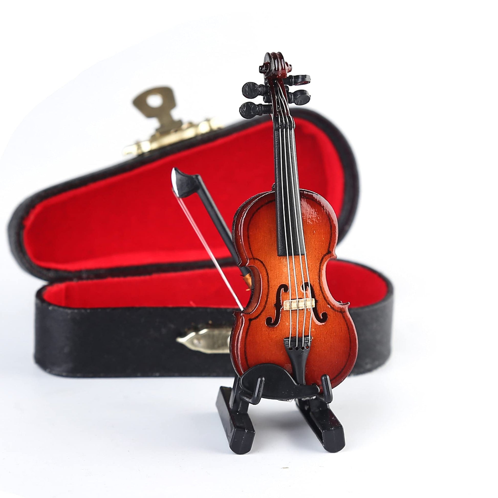 Wooden Miniature Violin Replica with Stand, Bow and Case Sculpture Ornament