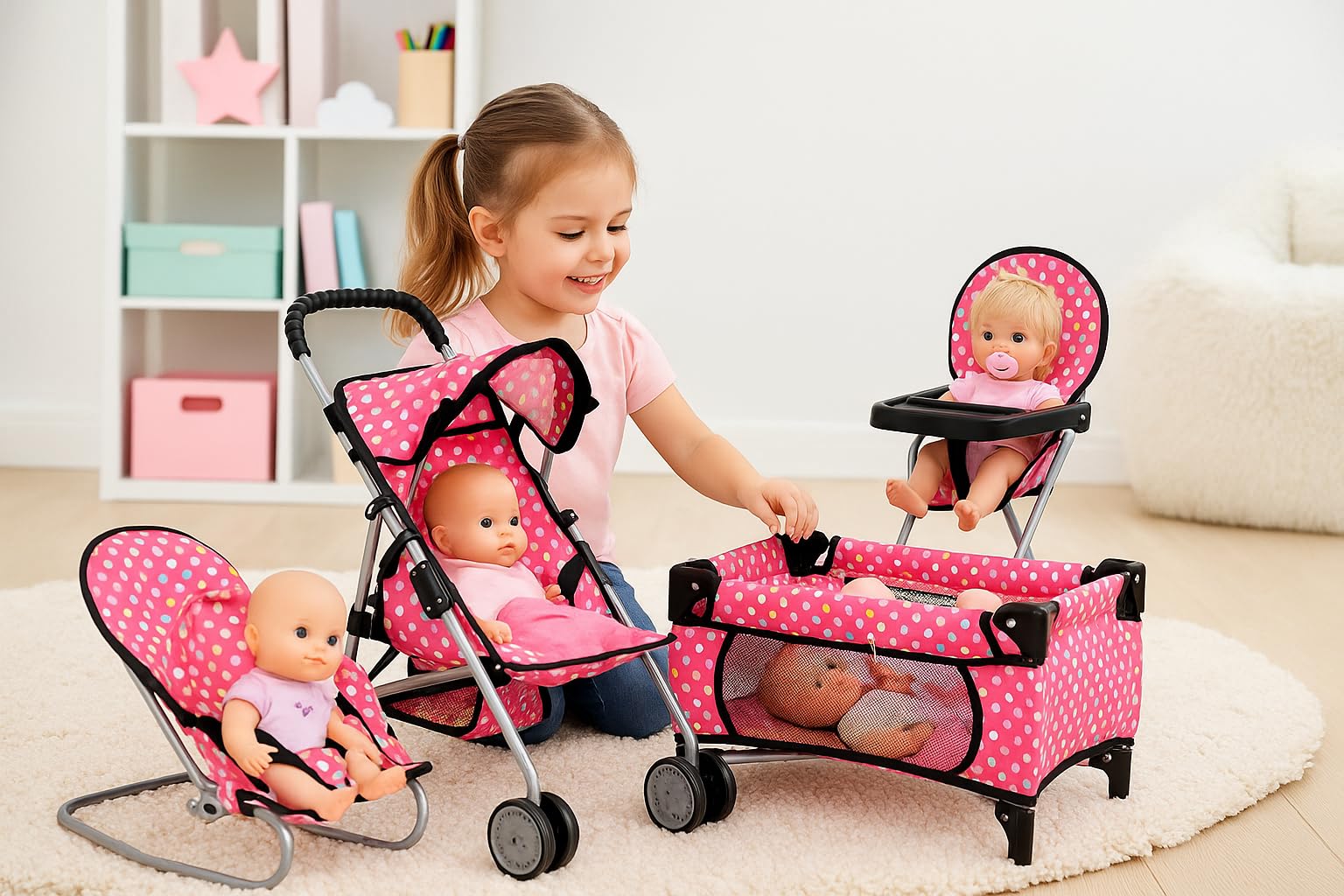 fash n kolor 4 Piece Doll Play Set, Includes - 1 Pack N Play. 2 Doll Stroller 3.Doll High Chair. 4.Infant Seat, Fits Up to 18'' Doll (4 Piece Set)