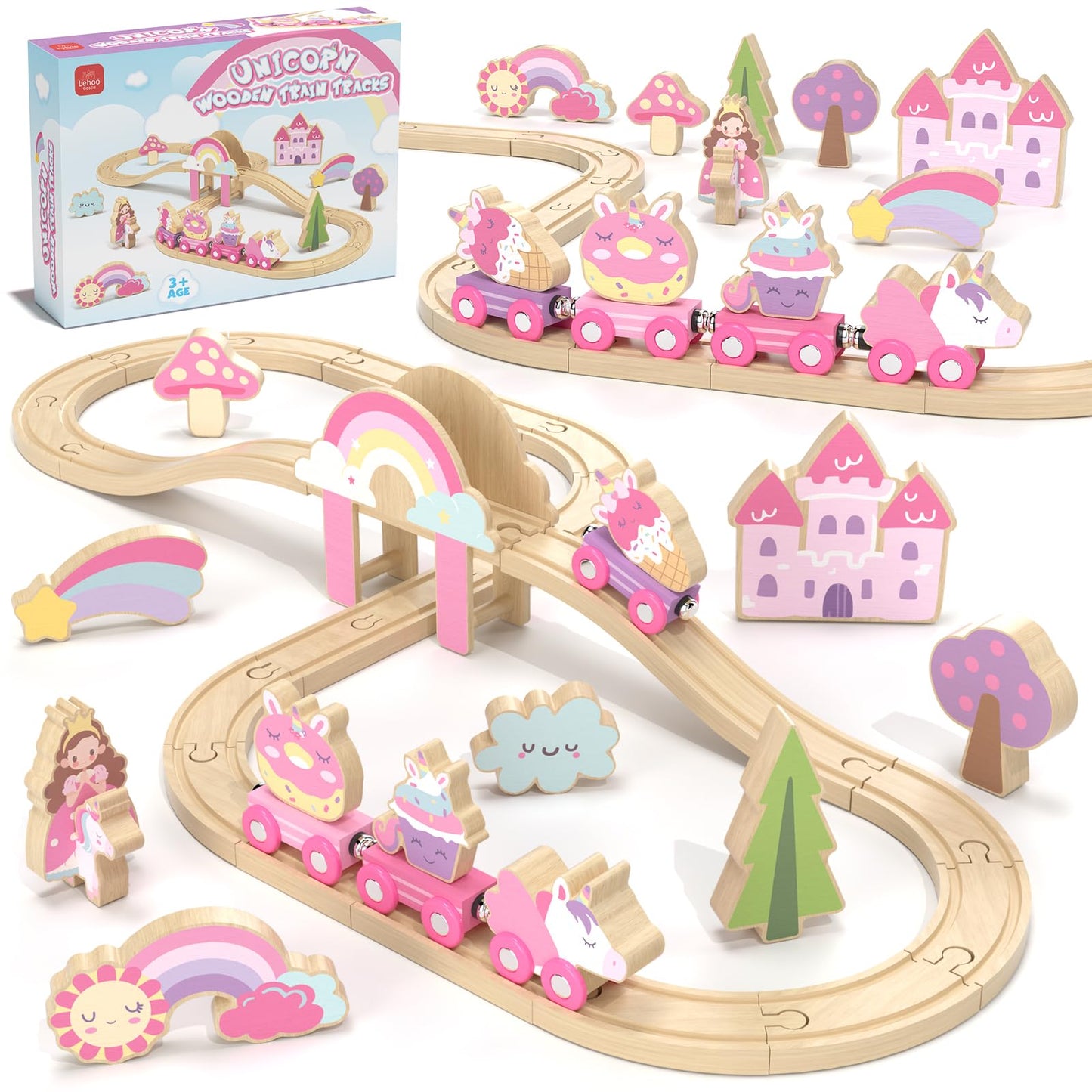 Lehoo Castle Wooden Train Set - Unicorn Train Set for Toddlers 2-4, Wooden Train Track Toddler Girl Toys, Pink Train Fantasy Toys for 3 4 5 6 7 Year
