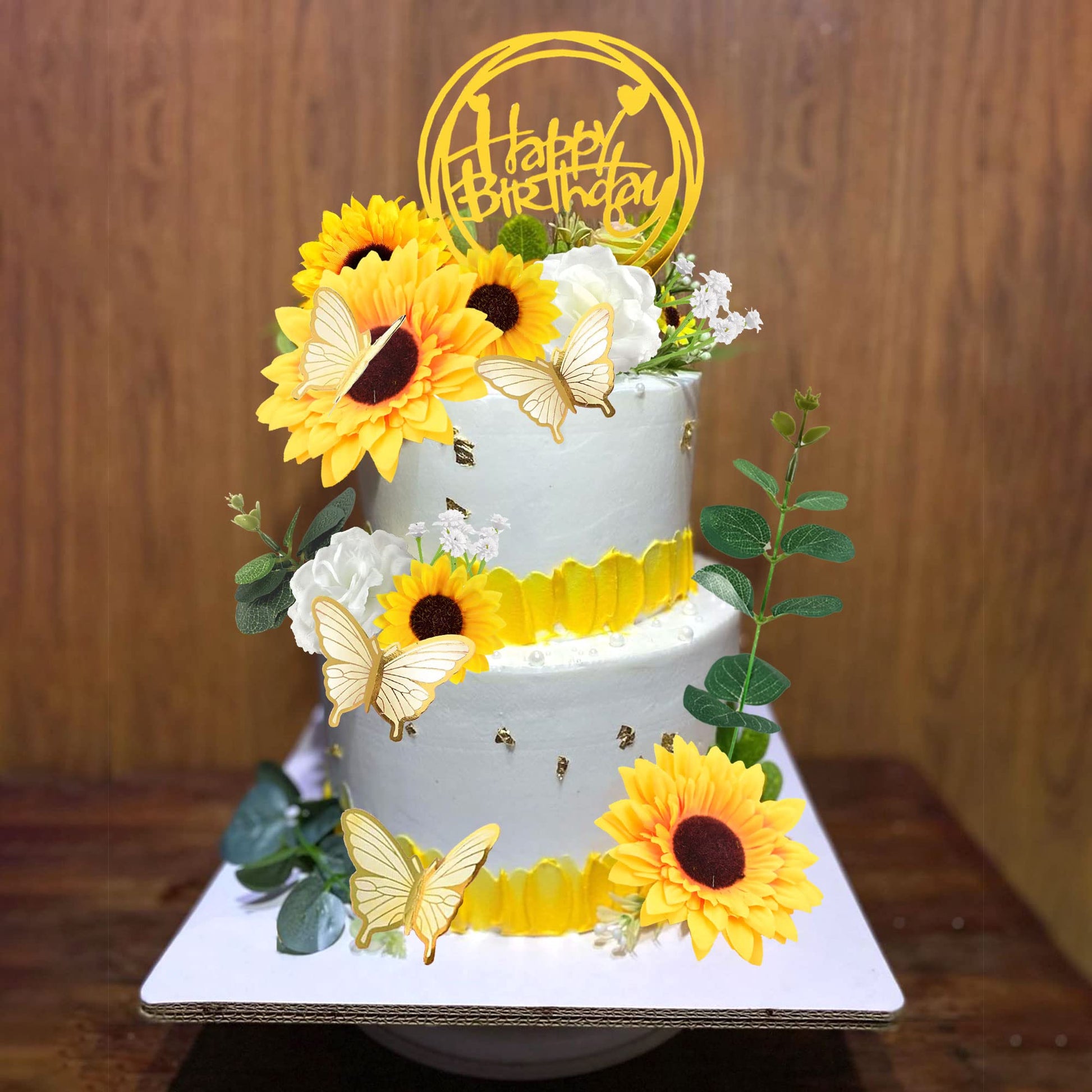 DRWATE Sunflower Cake Topper, 28 Pcs Multicolor Acrylic, Silk - Baby Shower, Wedding Decorations, Butterfly, Eucalyptus, Rose, Happy Birthday Topper