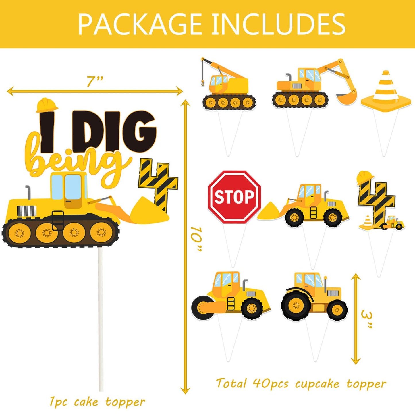 210 Pcs Construction 4th Birthday Decorations - Includes Plates Napkins Cups Cake Cupcake Toppers Banner Hanging Swirls Tablecloths Balloons