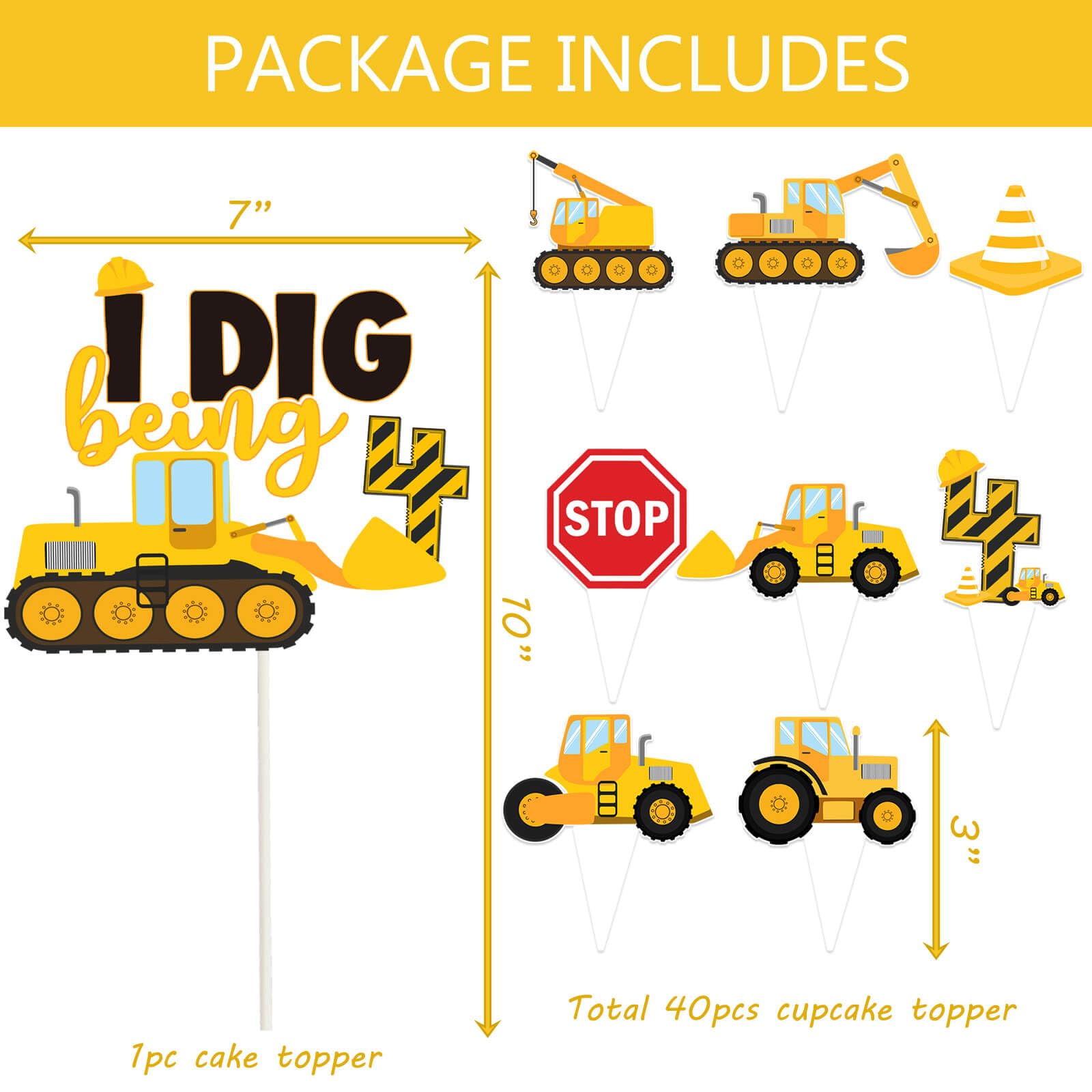 210 Pcs Construction 4th Birthday Decorations - Includes Plates Napkins Cups Cake Cupcake Toppers Banner Hanging Swirls Tablecloths Balloons