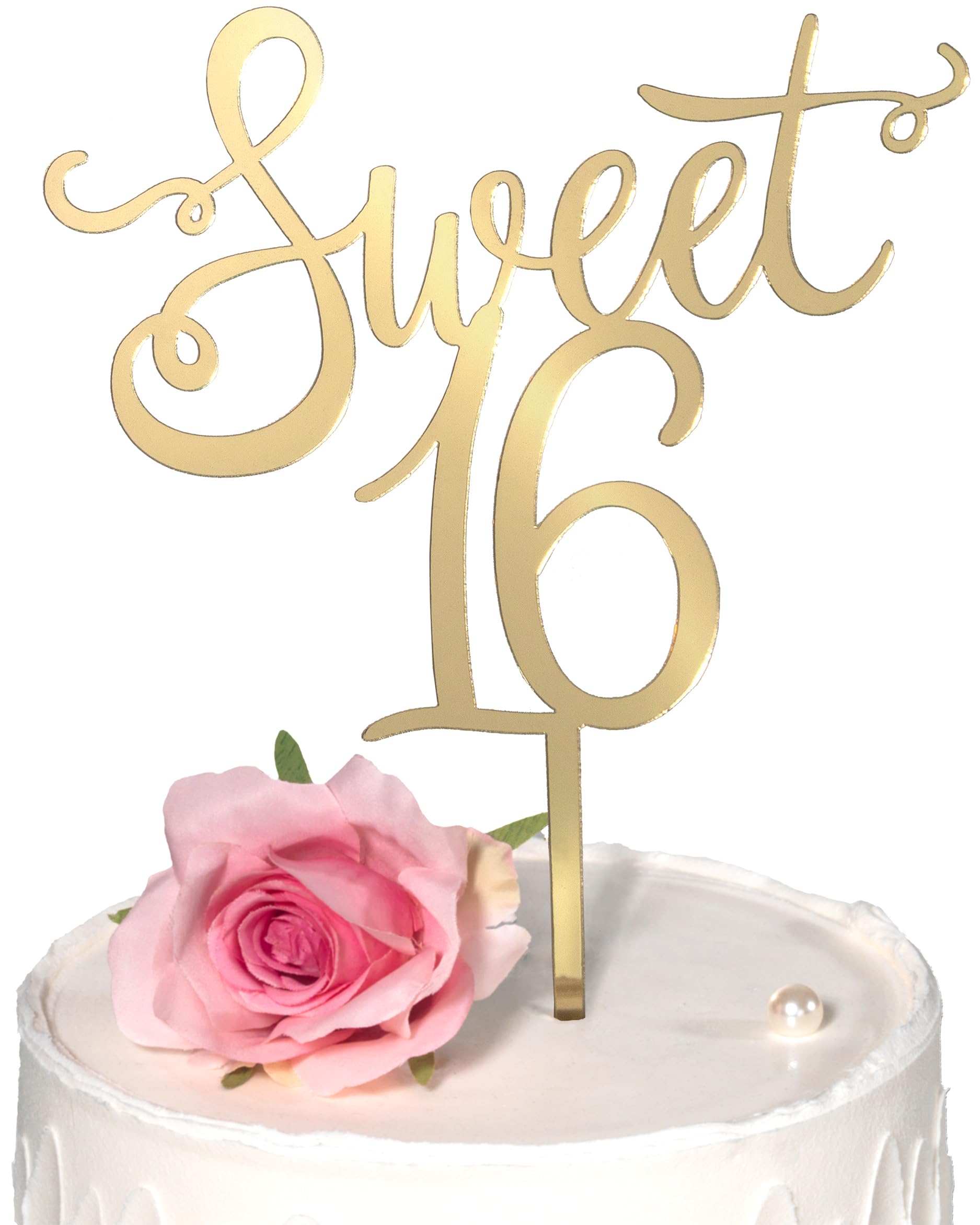 Apluselection Shiny Acrylic Happy Sweet 16 Birthday Cake Topper, 7.5" x 6", Cheer to 16th Birthday Party Cake Decoration (Gold)