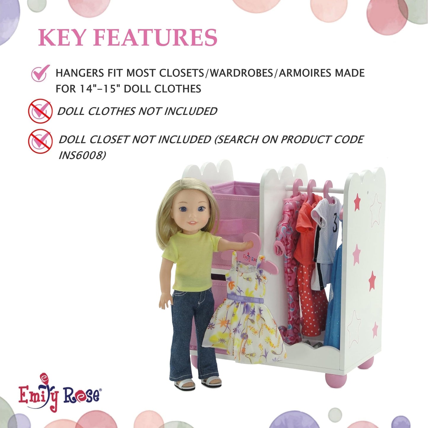 Emily Rose Pink Doll Clothes Hangers for 14 Inch Doll Clothes - 10 Pack Organization Accessories Fits 14"-15" Doll Clothing (Glitter Girls & Similar)
