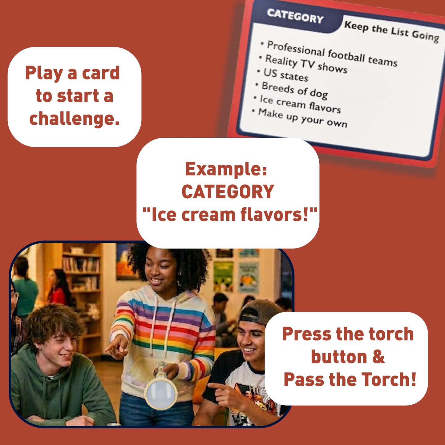 Pass the Torch Party Game for Teens and Families Ages 10+ Fast Thinking Word Challenge Card Games for Groups 3-10 Players - Gift for Kids and Adults