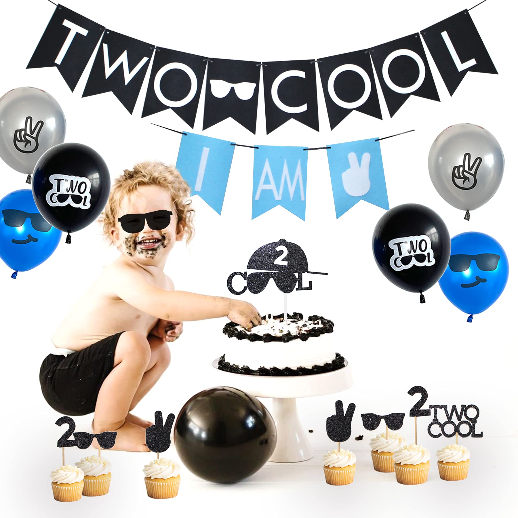 Two Cool Birthday Party Decorations & Supplies - I AM TWO Banner, Balloons, Cake Topper for Little Man's 2nd Birthday