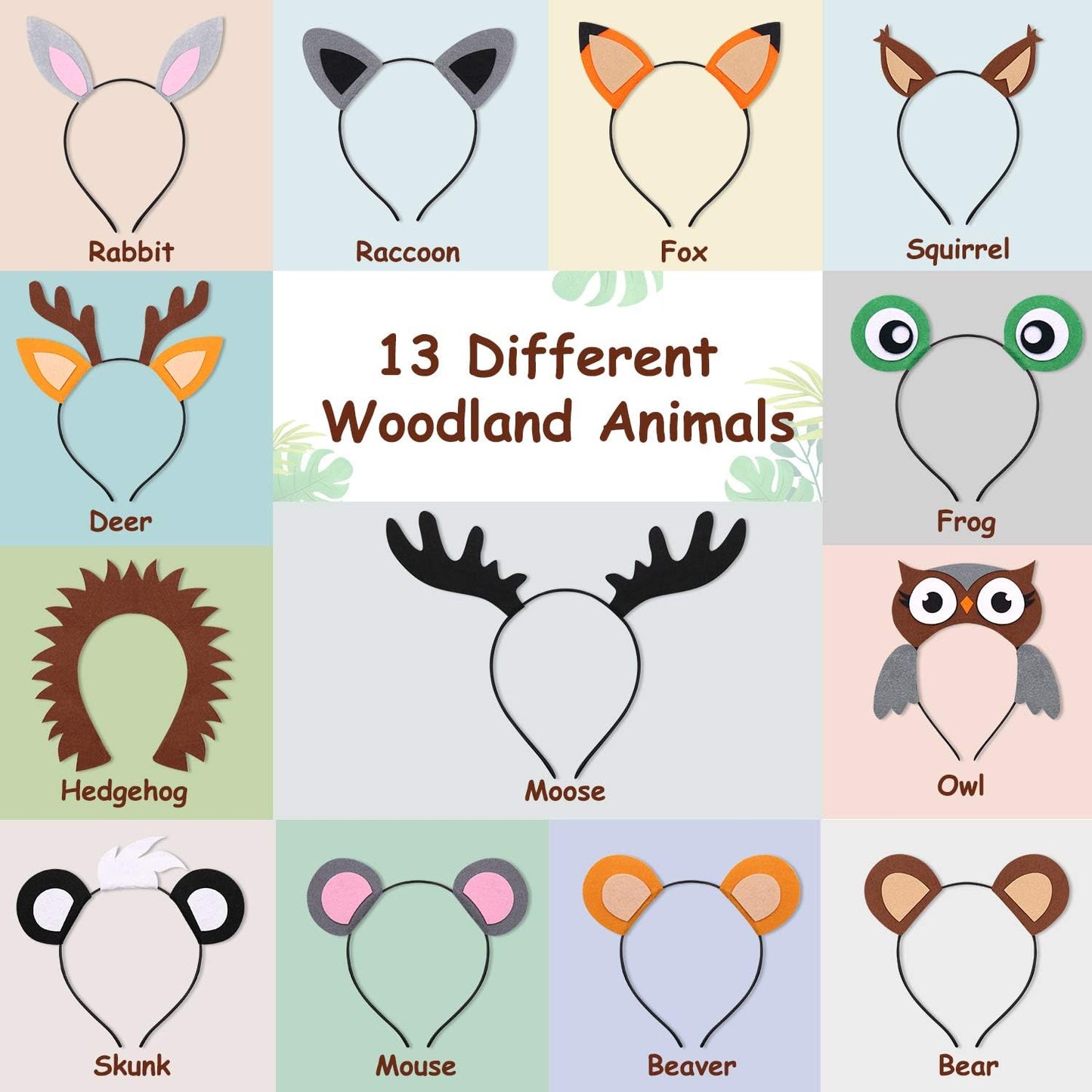 13PCS Woodland Animal Headbands Forest Friend Wild One Camping Theme Felt Ears Headbands For Woodland Creature Theme Baby Shower Birthday Party Favors