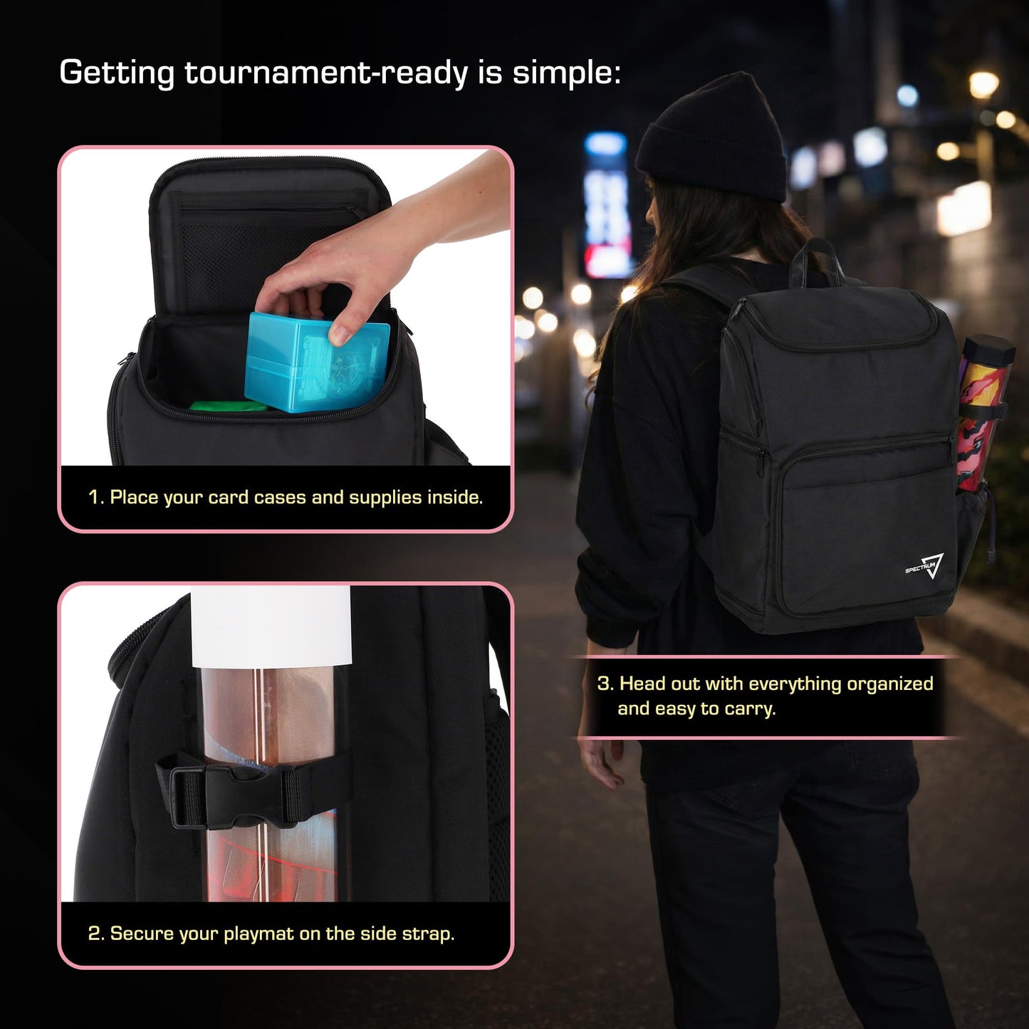 BCW Spectrum TCG Backpack | Holds 7-9 Prism Deck Cases | Configurable Storage for Cards & Gear | Playmat Strap & Side Pocket | Durable &