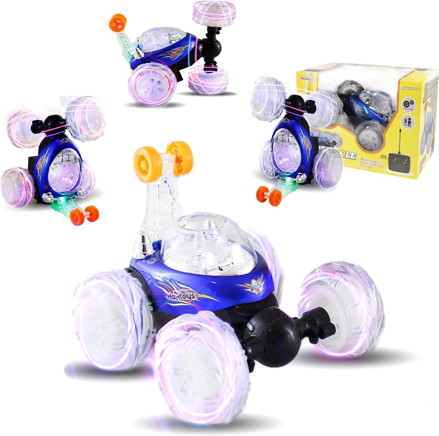 Haktoys Rechargeable RC Tornado Stunt Car - 360° Flip Remote Control Turbo Twister Vehicle with Lights & Music | Double-Sided Spinning Car Toy