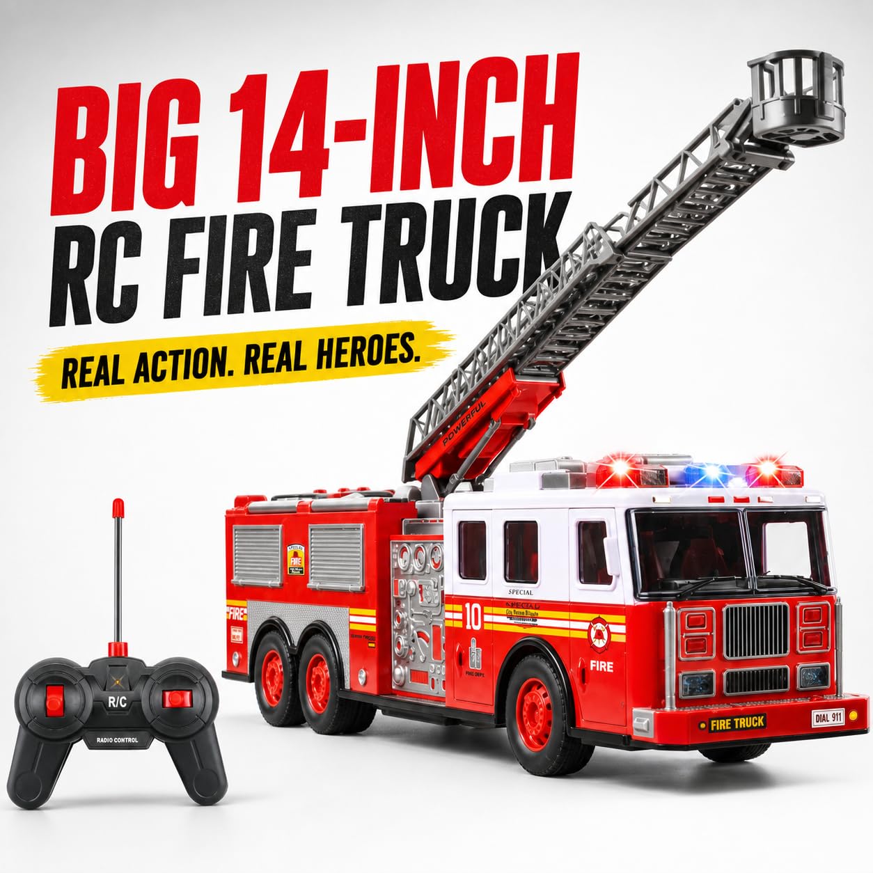 Liberty Imports RC Fire Truck - Big Remote Control Toy Fire Truck - 14" Rescue Fire Engine with Flashing Lights and Siren Sounds, Extendable Rescue