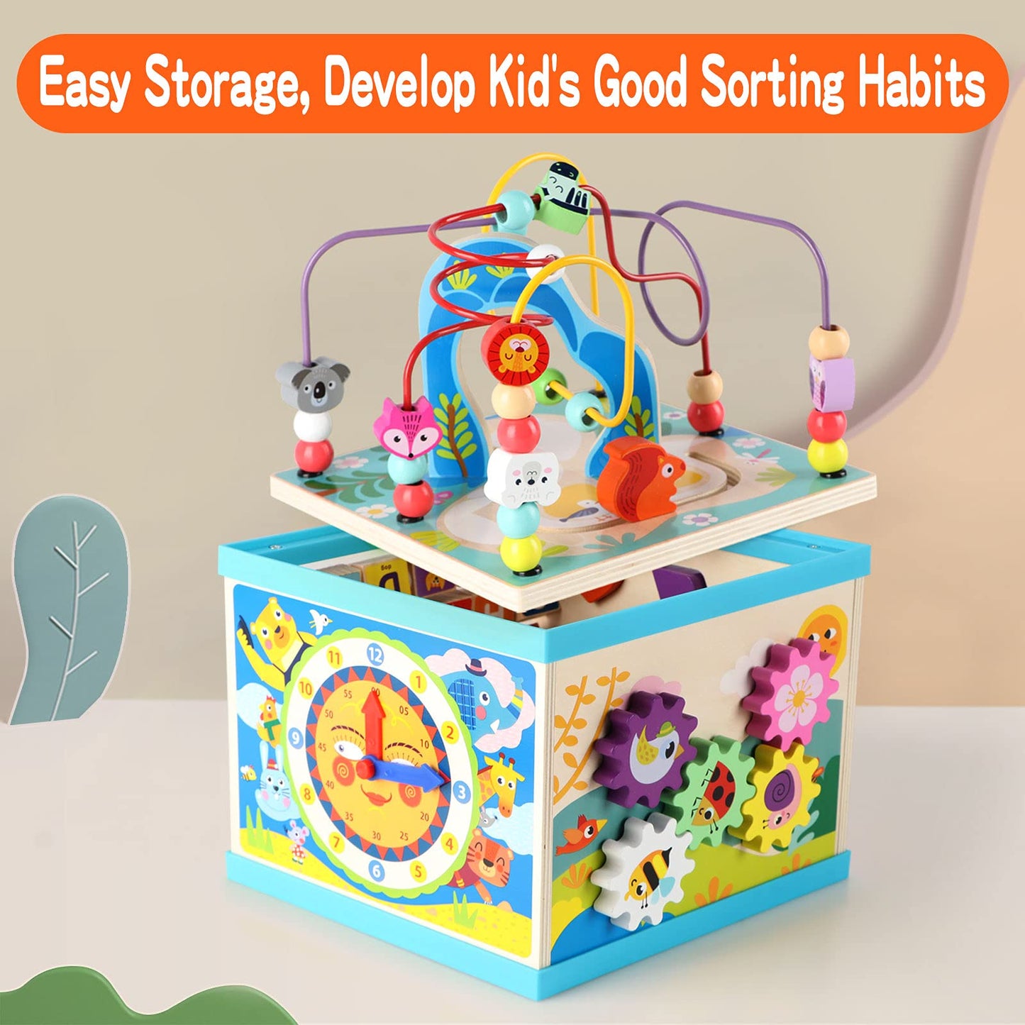 Qilay 5-in-1 Wooden Activity Cube for Toddlers 1-3(Large),Multipurpose Toddler Activity Center with Bead Maze & Shape Sorter, Early Educational Toy