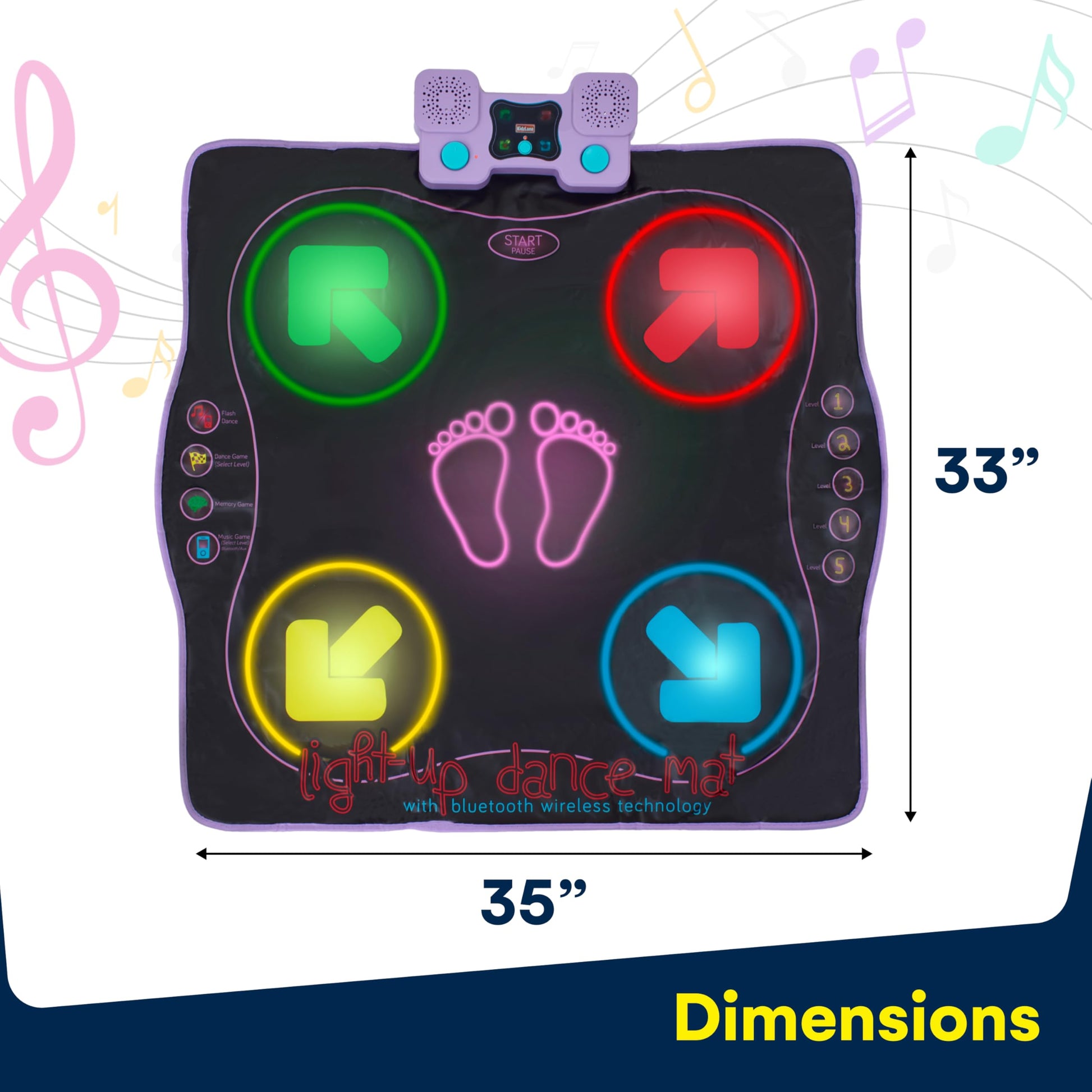 Kidzlane Electronic Dance Mat for Kids 8-12, Wireless Kids' Dance Pad with Bluetooth/AUX, Built-in Music, 5 Challenge Levels, 4 Modes - Interactive