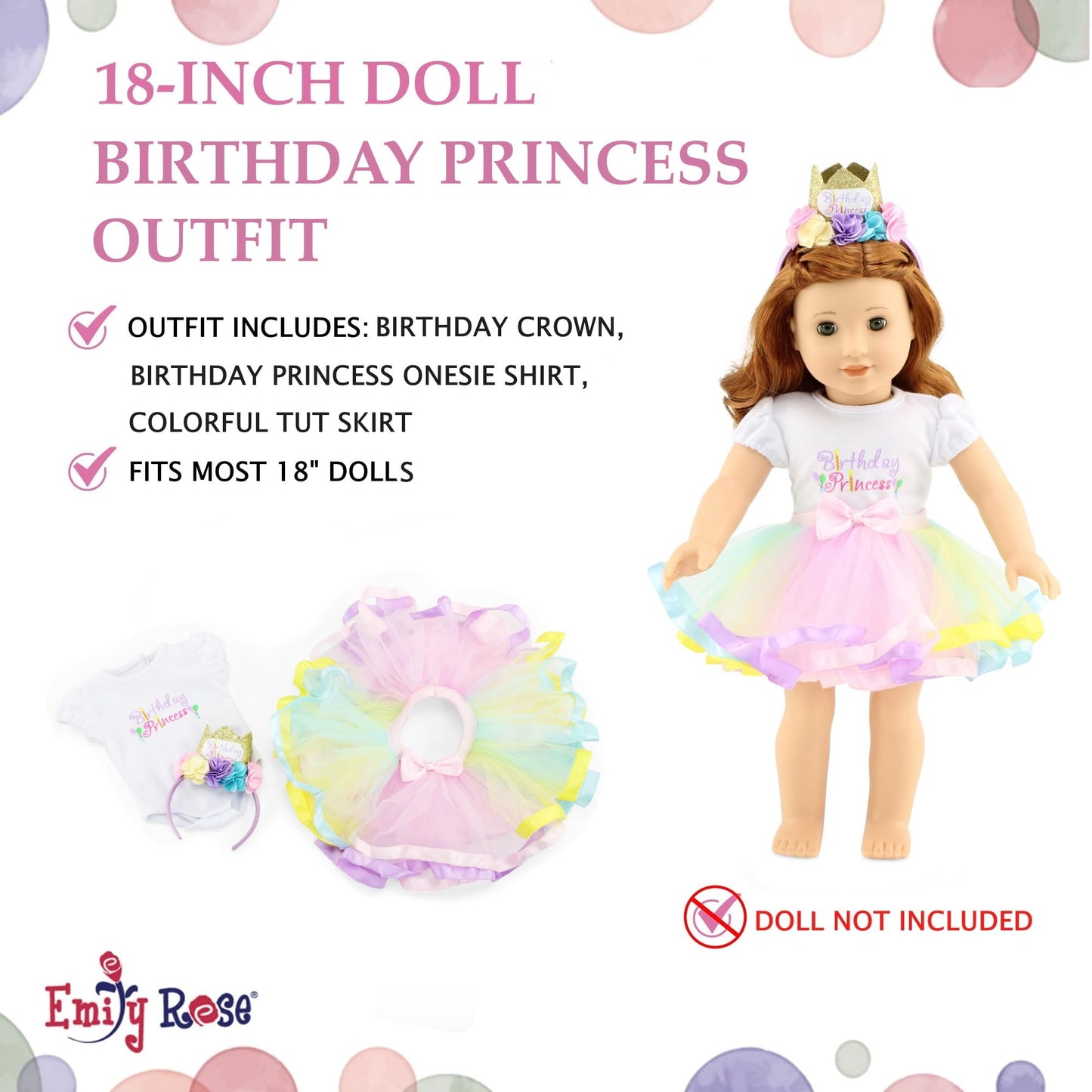 Emily Rose 18" Doll Birthday Princess 3PC Outfit with Tutu & Tiara | Clothes Set is Compatible with American Girl Dolls | USA Brand - Gift Boxed |