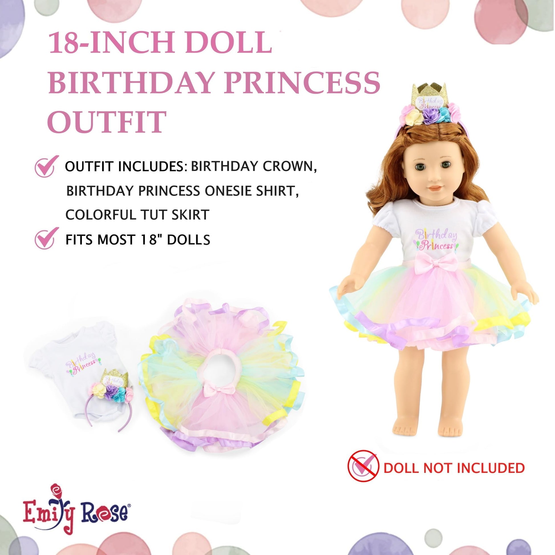 Emily Rose 18" Doll Birthday Princess 3PC Outfit with Tutu & Tiara | Clothes Set is Compatible with American Girl Dolls | USA Brand - Gift Boxed |