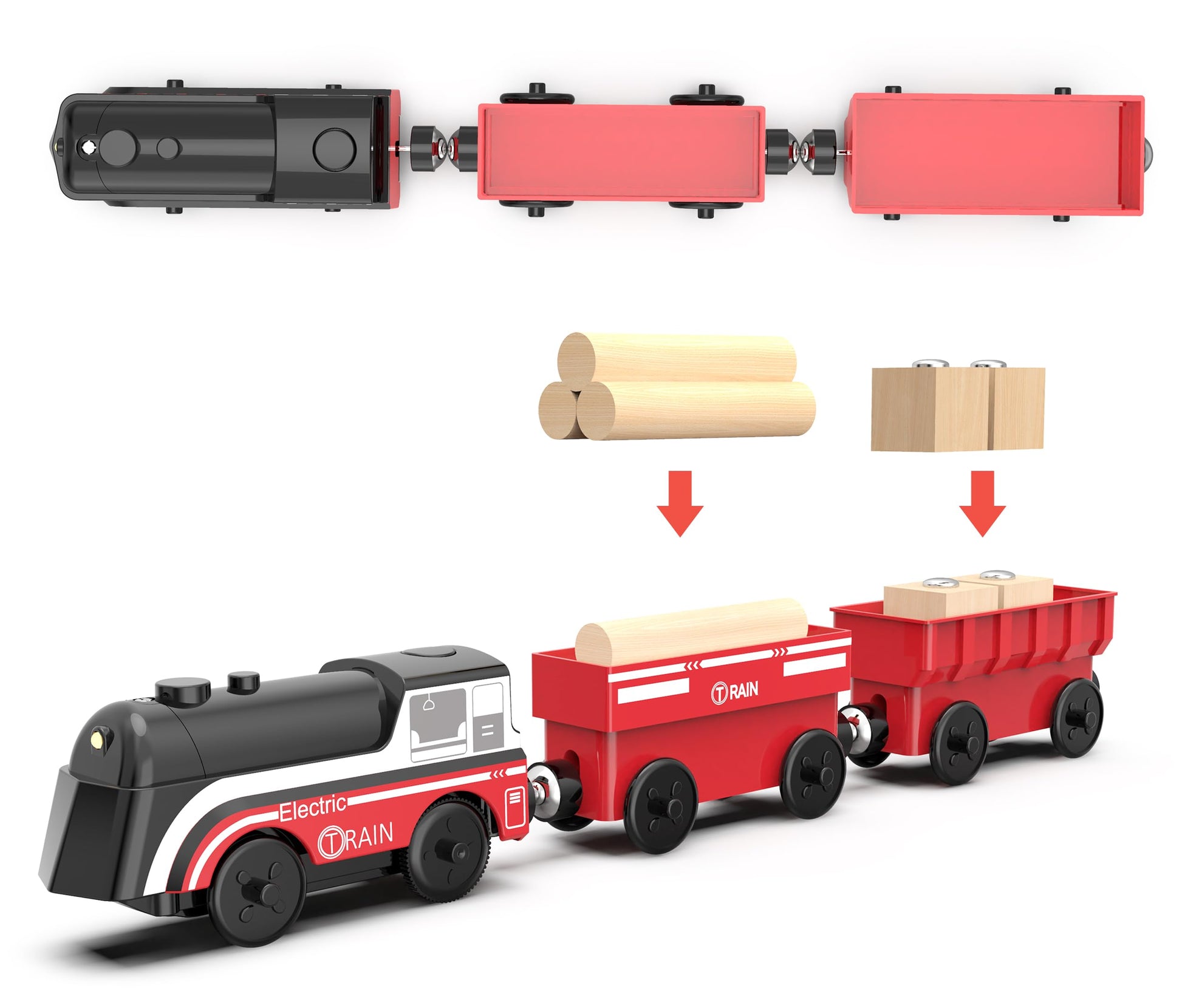 Battery Operated Train for Wooden Track, Motorized Train for Toddlers 3+ Years Old, 3Pcs Trains Toy Set Electric Trains Compatible with Thomas, Brio