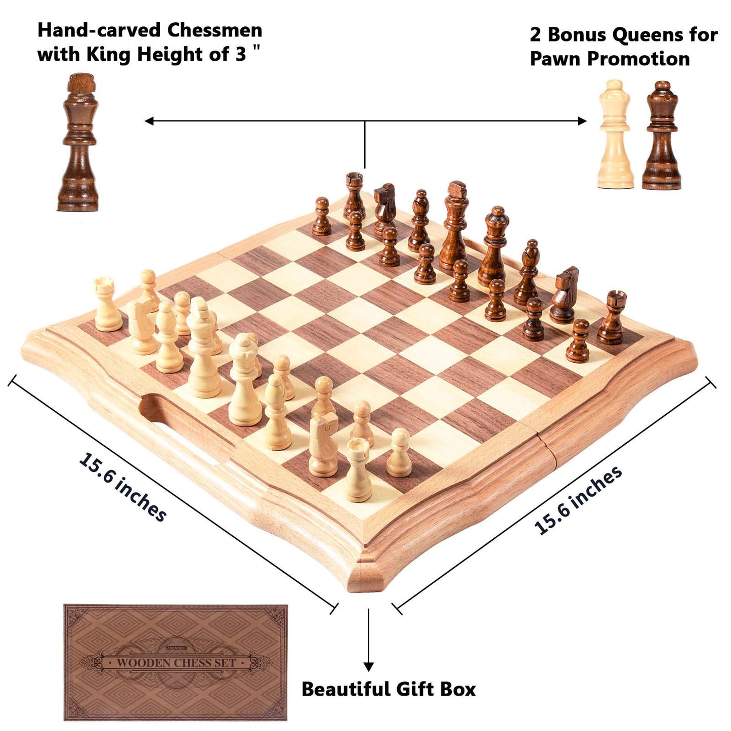 AMEROUS 15.6 inches Magnetic Wooden Chess Set, Handheld Style Chess Board Game Sets with Game Pieces Storage Slots - 2 Extra Queens - Gift Package