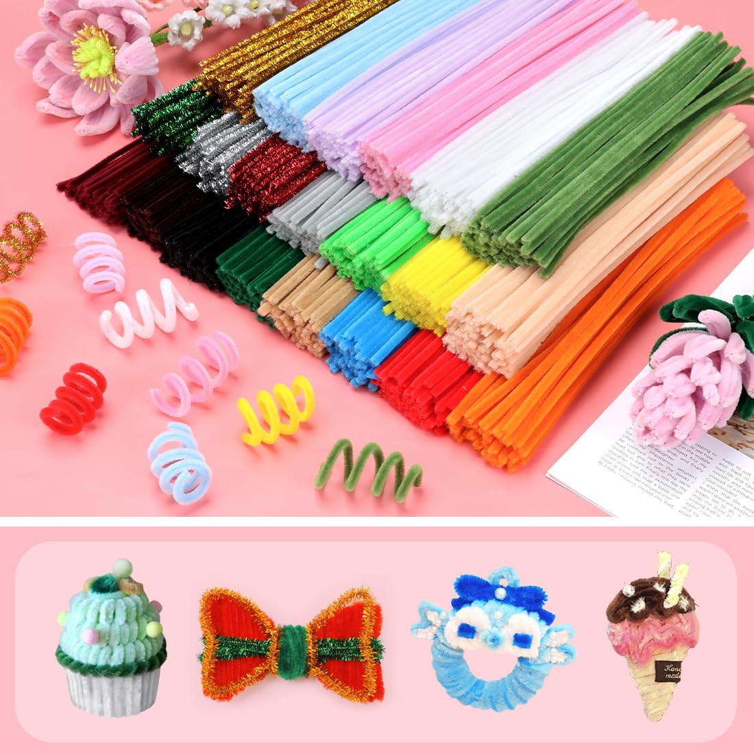 Bundooraking Pink Pipe Cleaners for Crafts - 12in Chenille Stems, Art and Craft Supplies for DIY Projects, Decorations, and Creative Crafting