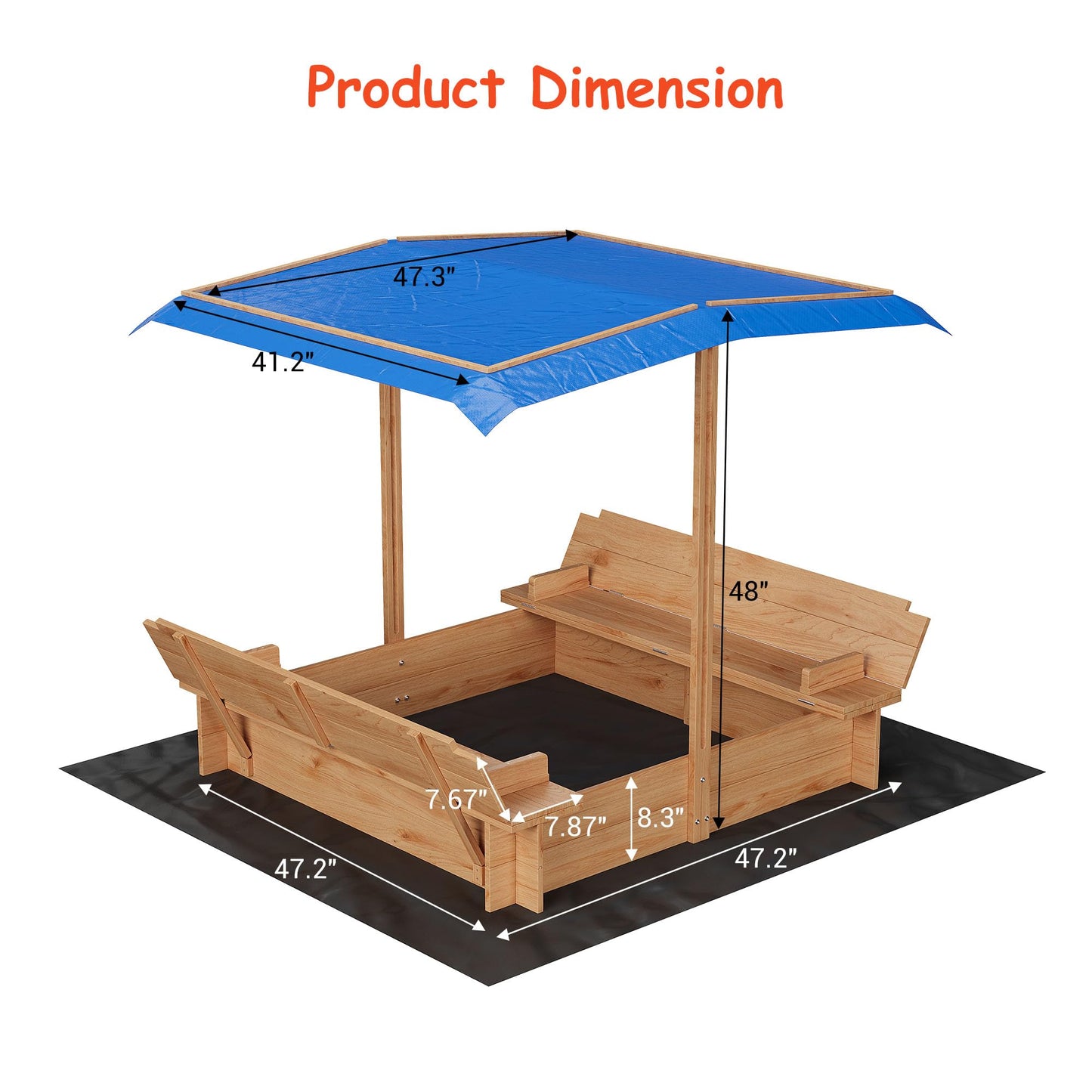Wooden Sandbox with Lid＆Cover, Outdoor Sand Box with 2 Bench Seats, Bottom Liner, Adjustable Height & Rotatable Canopy for Ages 3-8, Spacious Kids